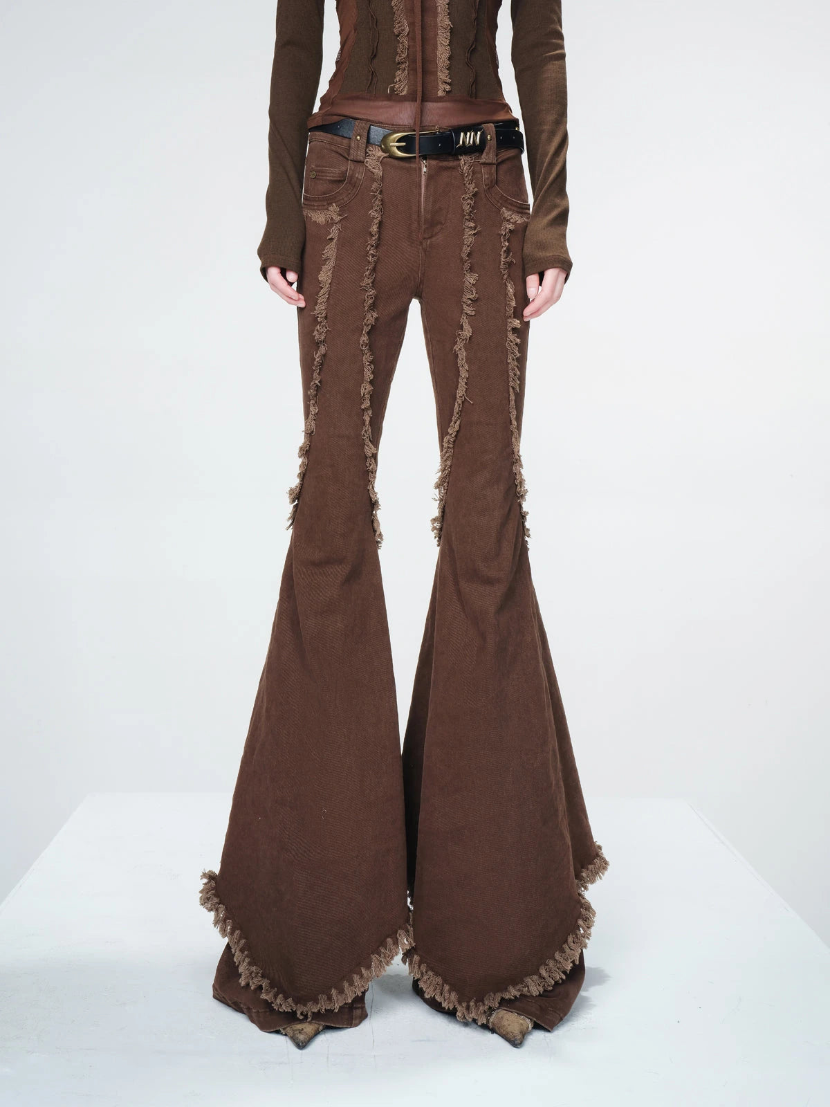 Distressed Slim Fit Flared Denim Trousers