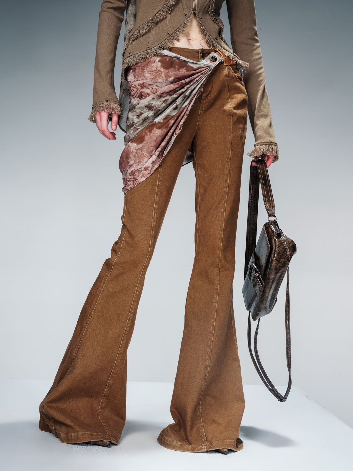 NN NORTH NODE Stretch Denim Flare Pants With Detachable Printed Scarf
