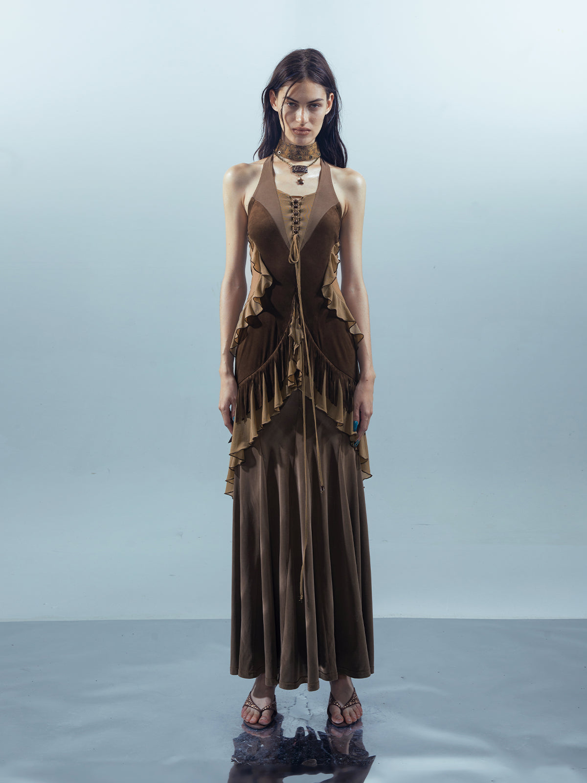 UpdateNN NORTH NODE Veilpath Fringe Halter Dress V-neck T-shirt Long-Sleeve