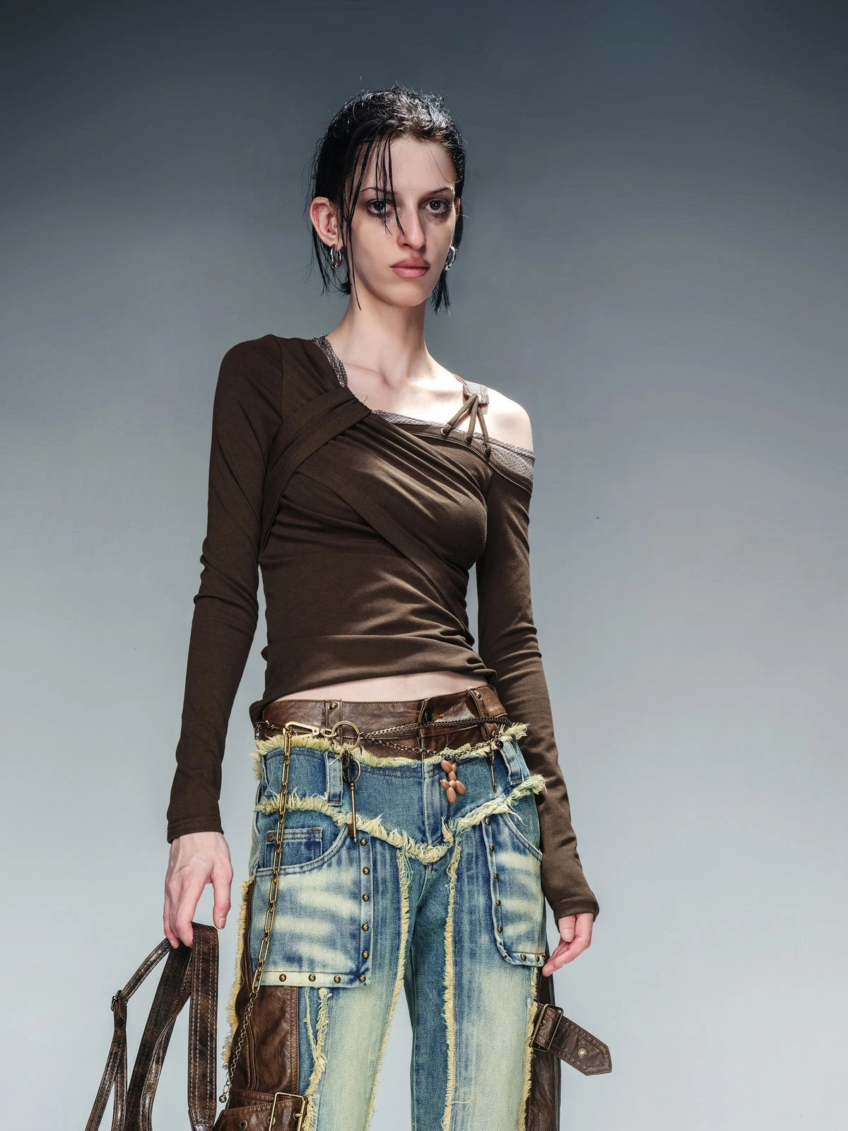 Asymmetric Neckline Ribbed Stretch Top V-neck T-shirt Long Sleeve