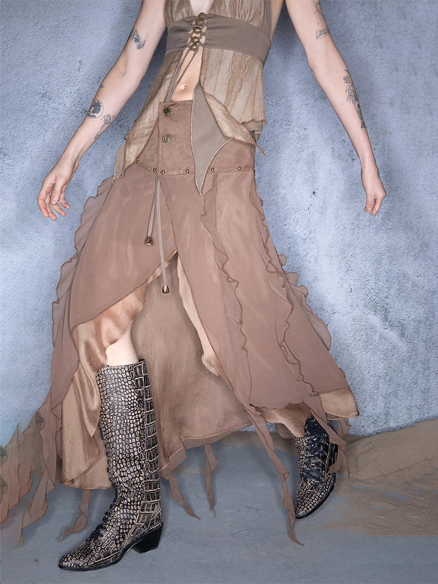 Layered Chiffon Asymmetric Hem Skirt With Ruffles