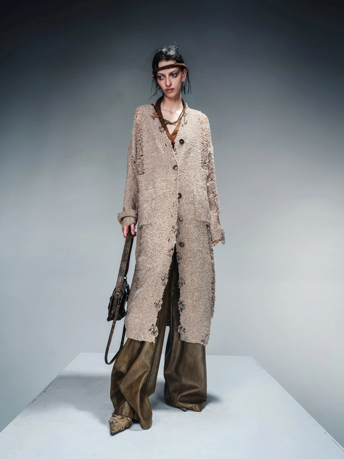 Distressed Knit Cardigan With Thermal Consideration