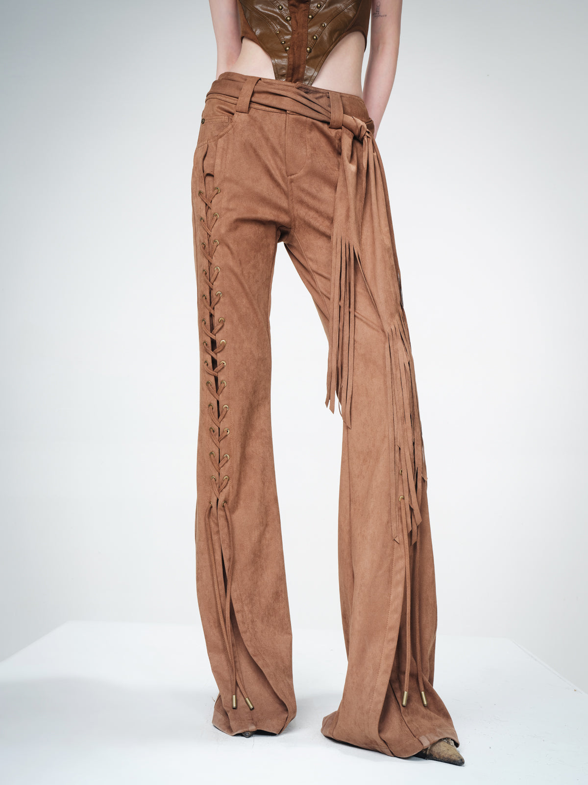 UpdateNN NORTH NODE Suede Flared Trousers with Detachable Waist Sash and Lacing Detail
