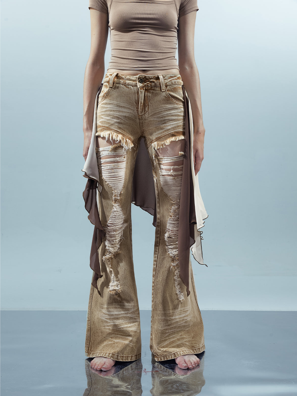 UpdateNN NORTH NODE Distressed Denim Flared Pants With Detachable Apron