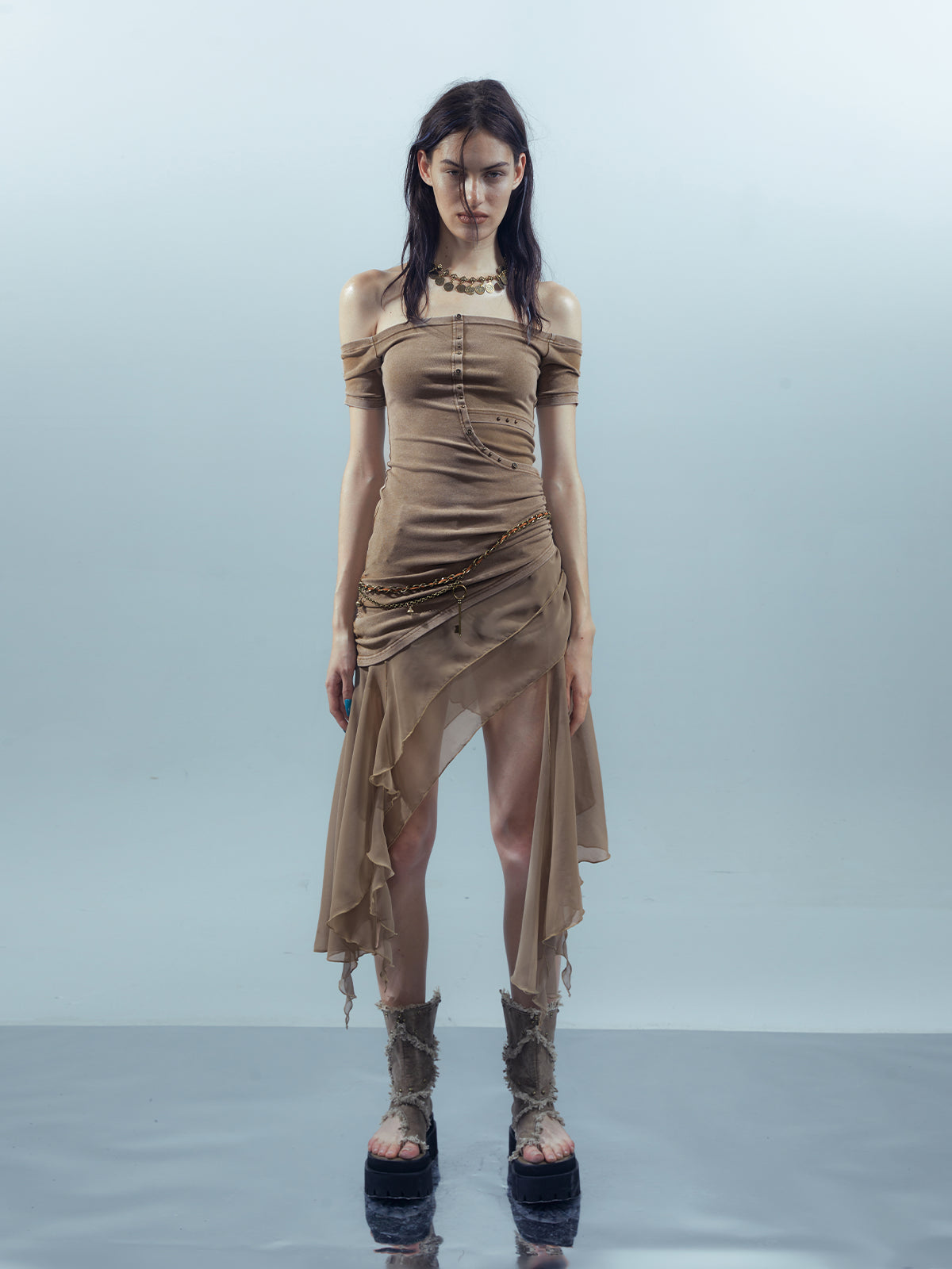 UpdateNN NORTH NODE Piscean Odyssey Ethereal Chiffon Asymmetrical V-Neck T-Shirt Long-Sleeve Dress