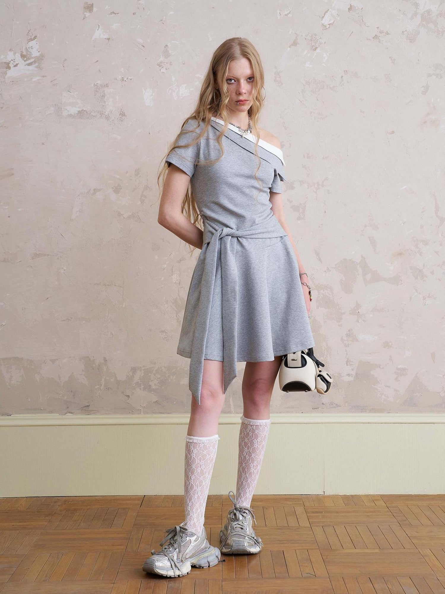 DIDDI MODA Color Block Asymmetric Tie Waist Dress