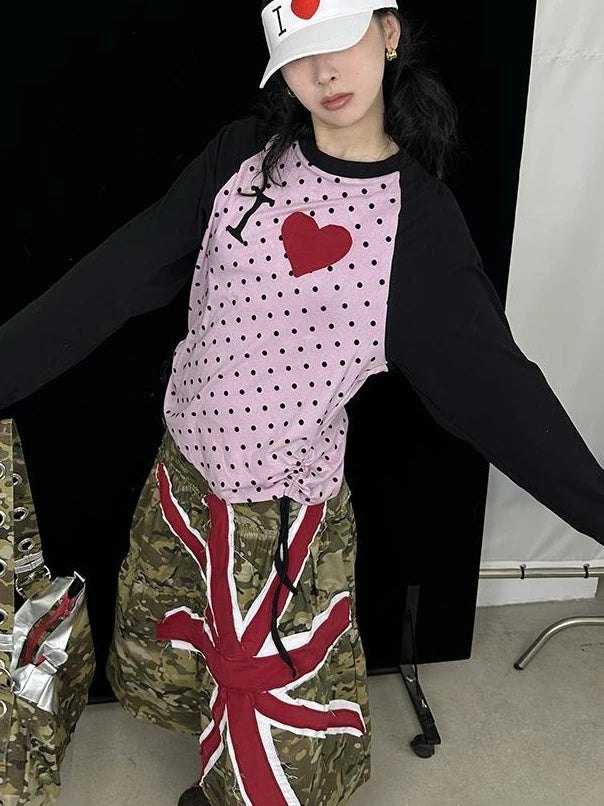 Color Block Raglan Long Sleeve Dot Print I Love T-Shirt