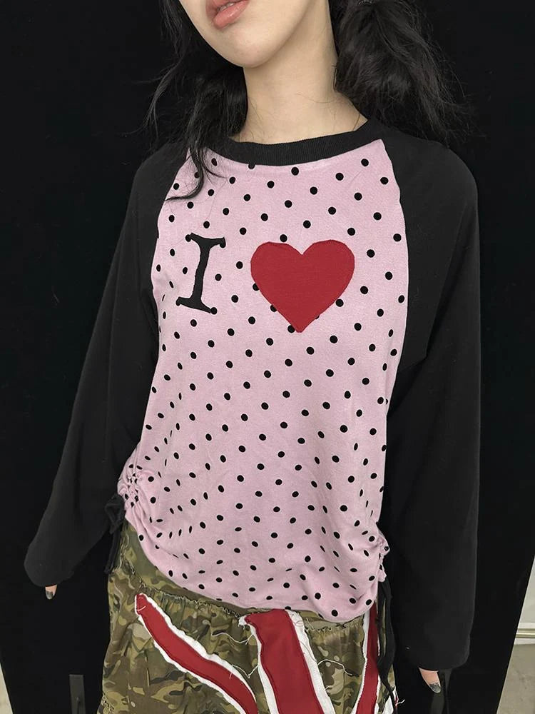 Color Block Raglan Long Sleeve Dot Print I Love T-Shirt