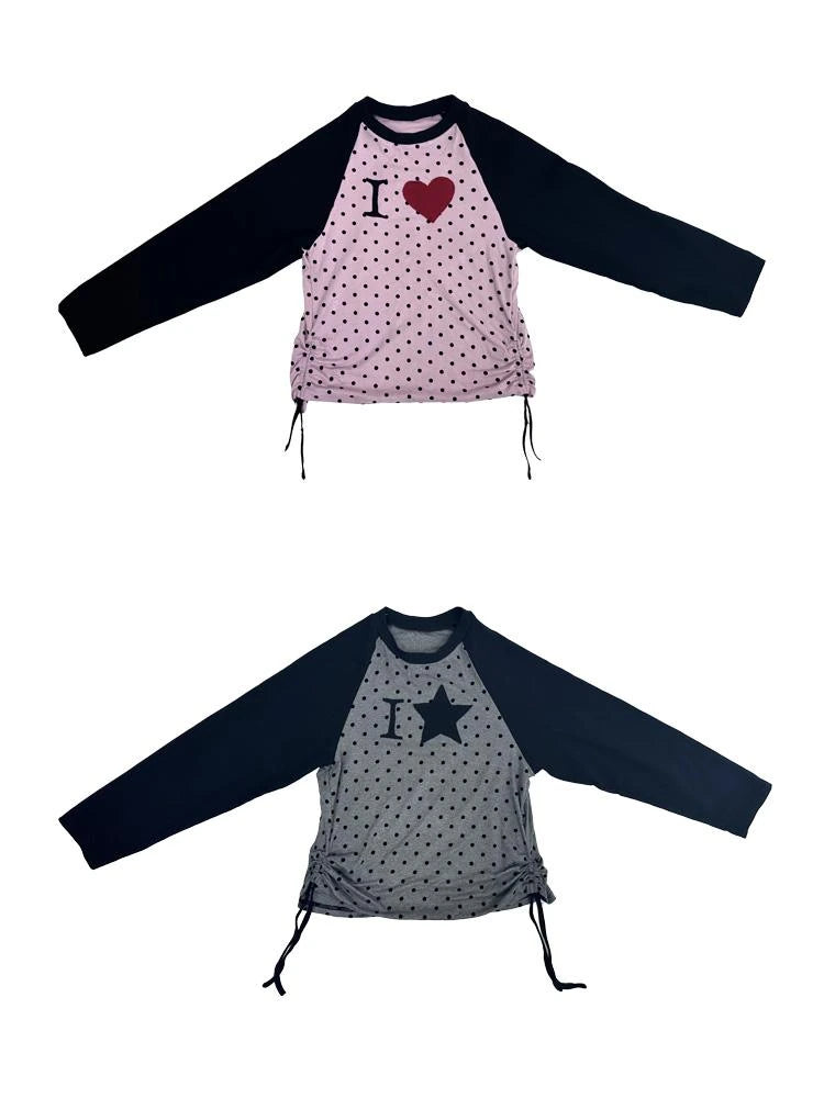 Color Block Raglan Long Sleeve Dot Print I Love T-Shirt