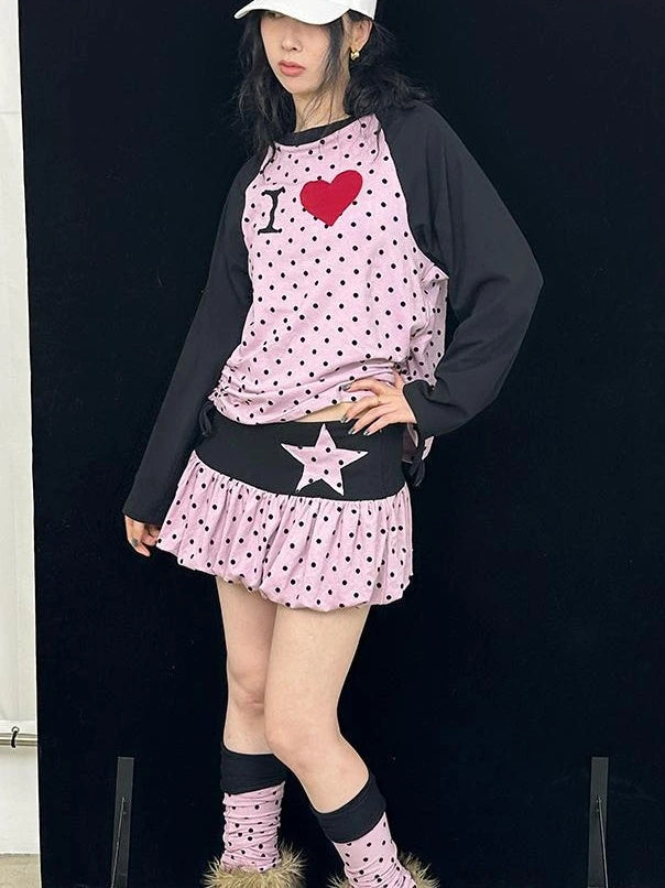 Color Block Raglan Long Sleeve Dot Print I Love T-Shirt