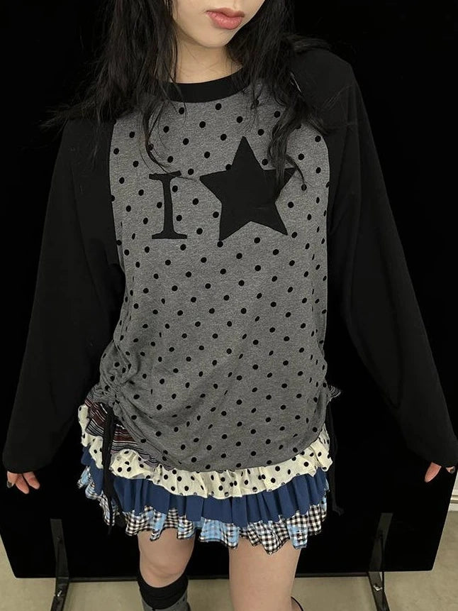 Color Block Raglan Long Sleeve Dot Print I Love T-Shirt
