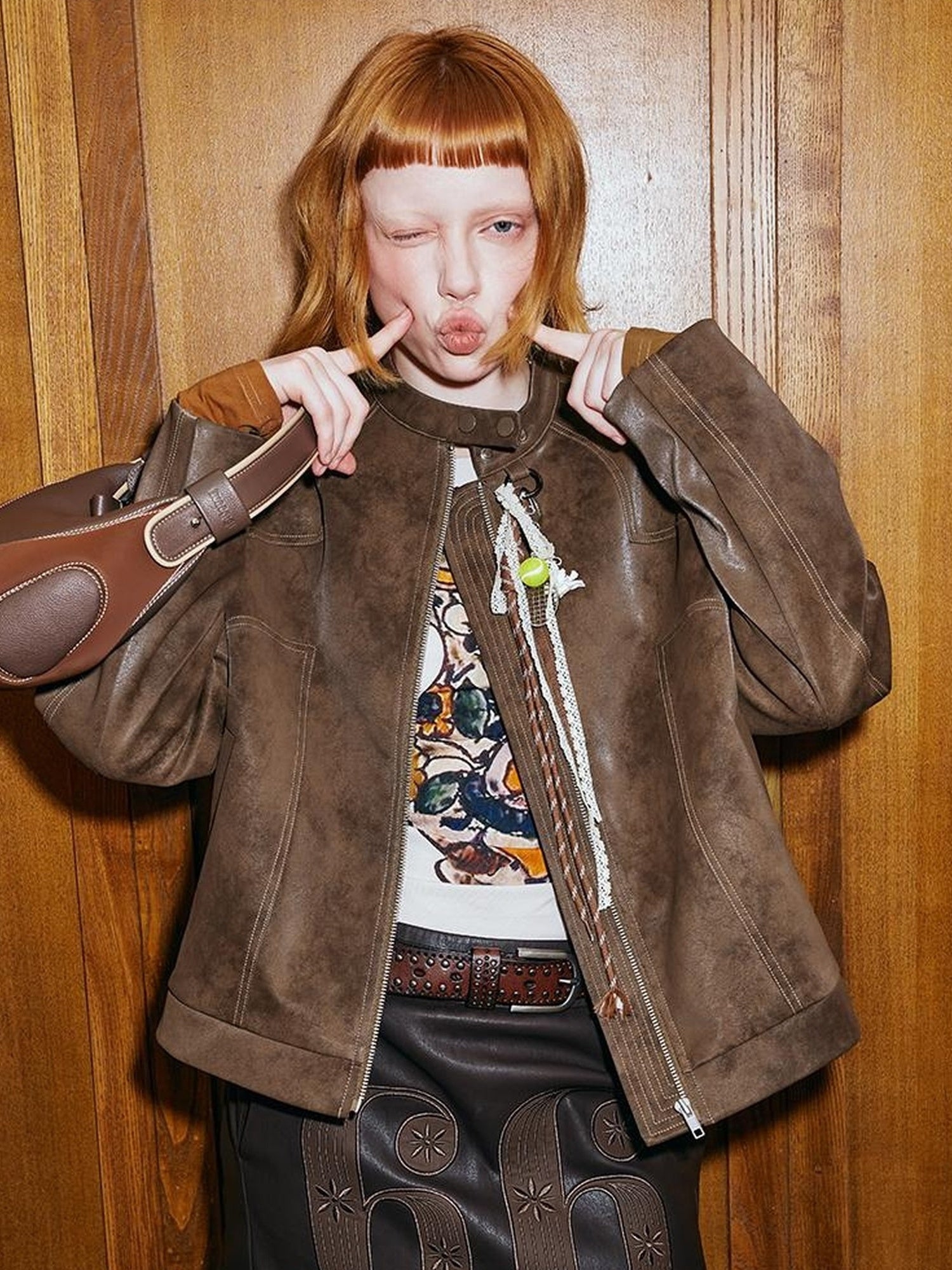 DIDDI MODA Colorblock Biker Jacket With Stitched PU Suede Detail