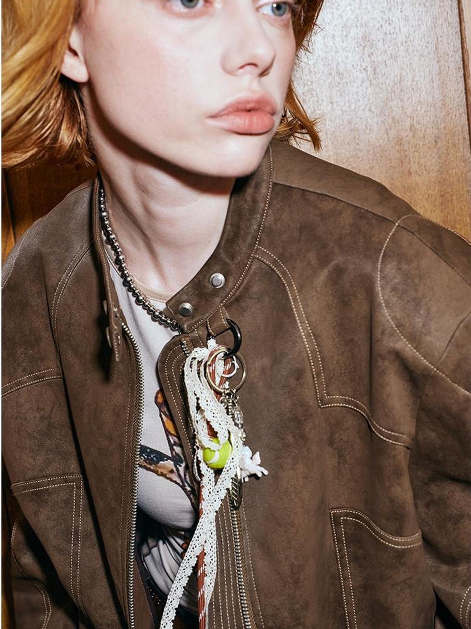 DIDDI MODA Colorblock Biker Jacket With Stitched PU Suede Detail