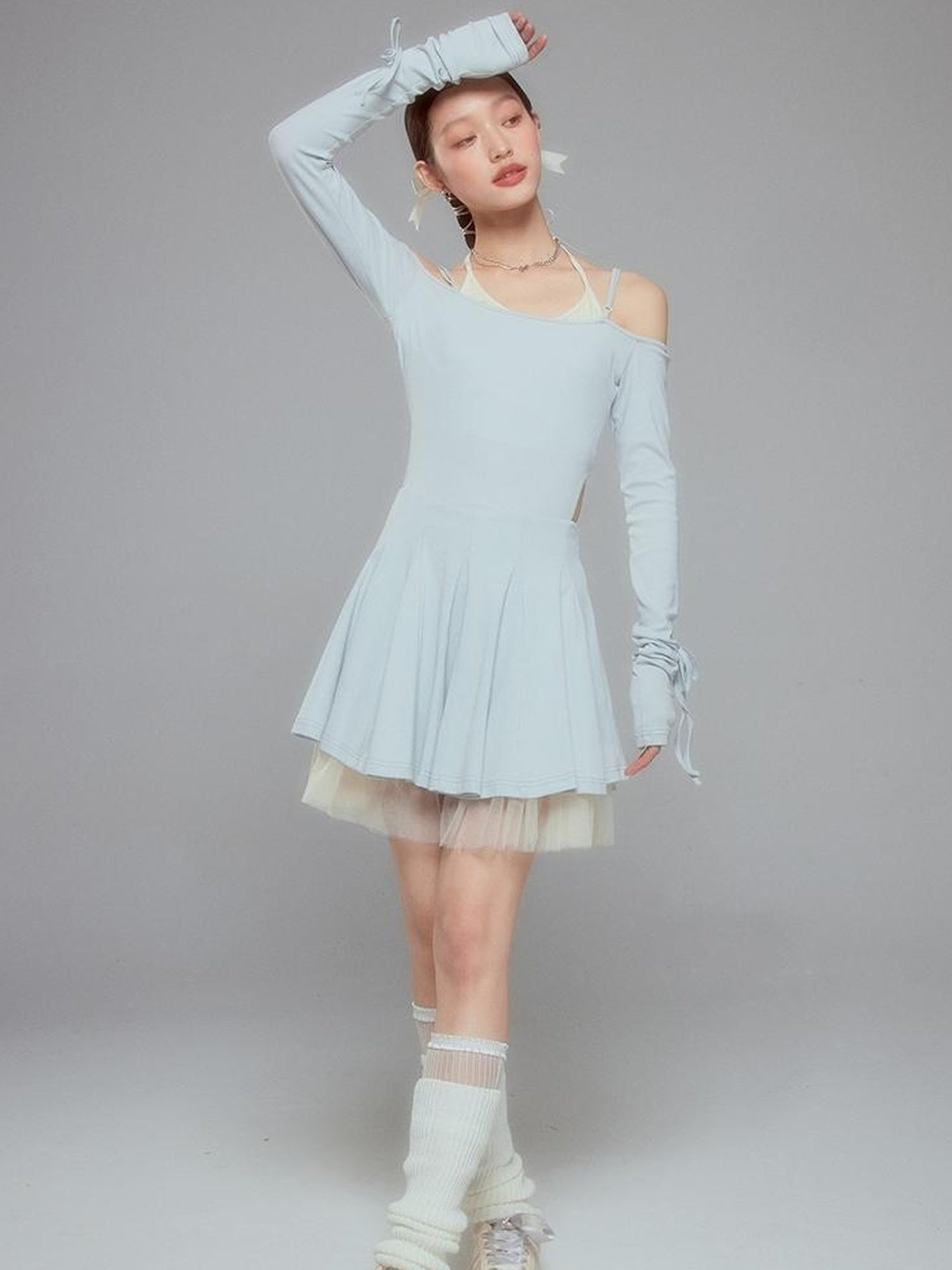 DIDDI MODA Colorblock Halter Ballet Dress With Lace Up Cutout Detail