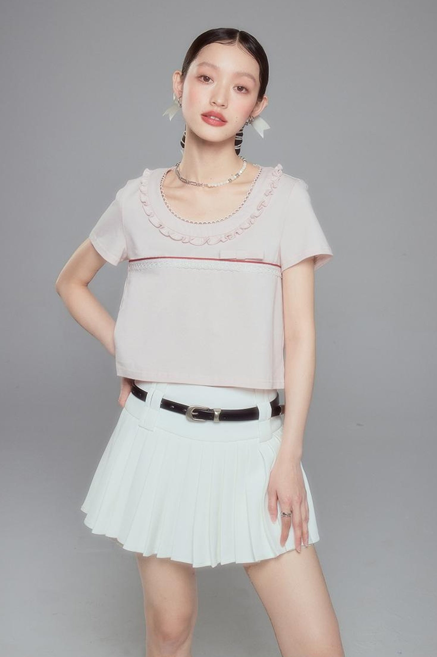 DIDDI MODA Colorblock Lace Collar Knit Crop Tee