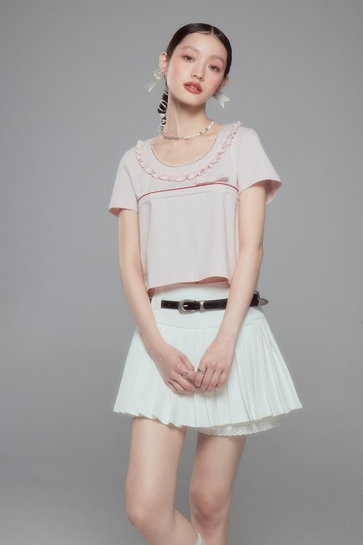 DIDDI MODA Colorblock Lace Collar Knit Crop Tee