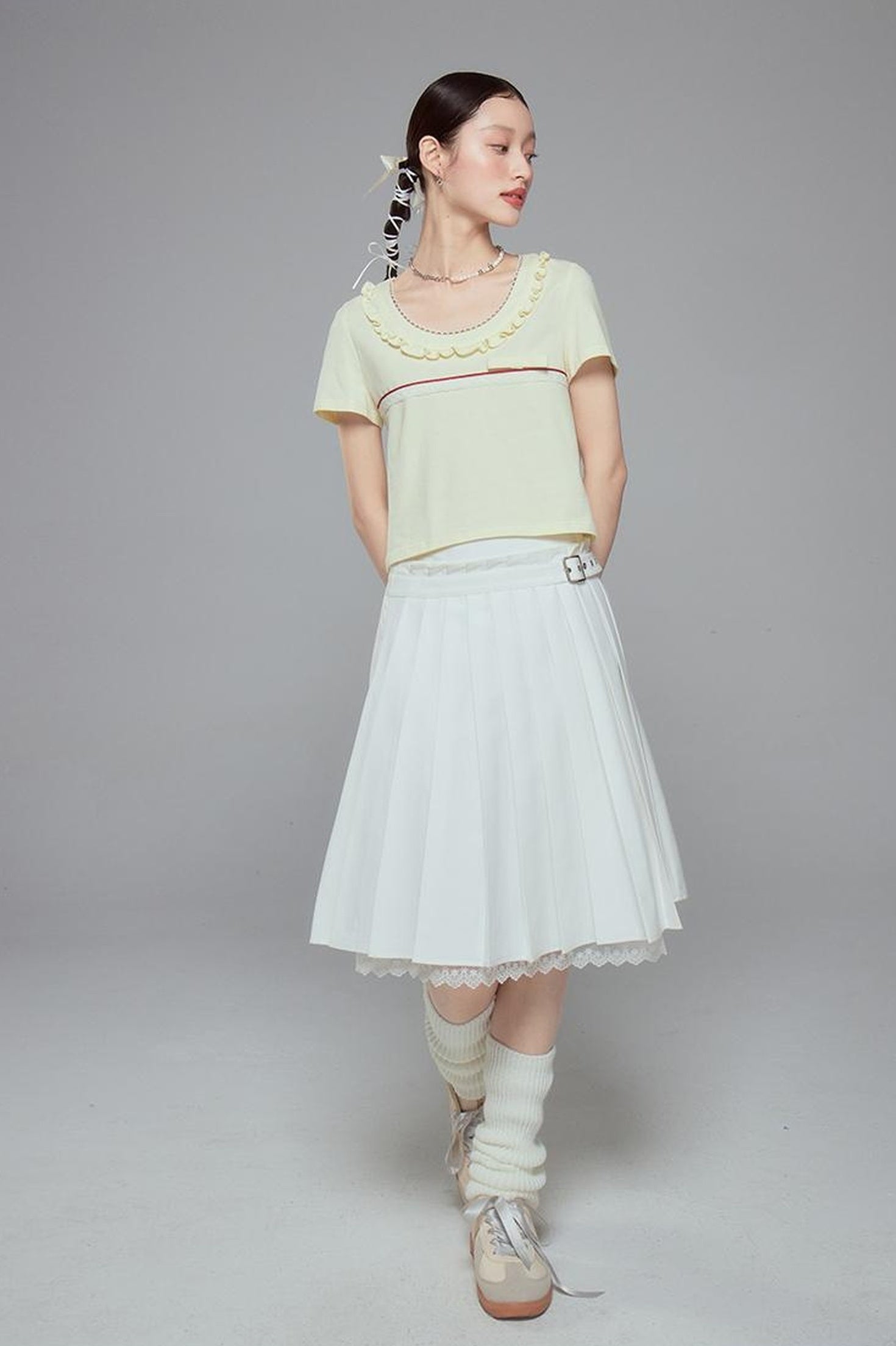 DIDDI MODA Colorblock Lace Collar Knit Crop Tee