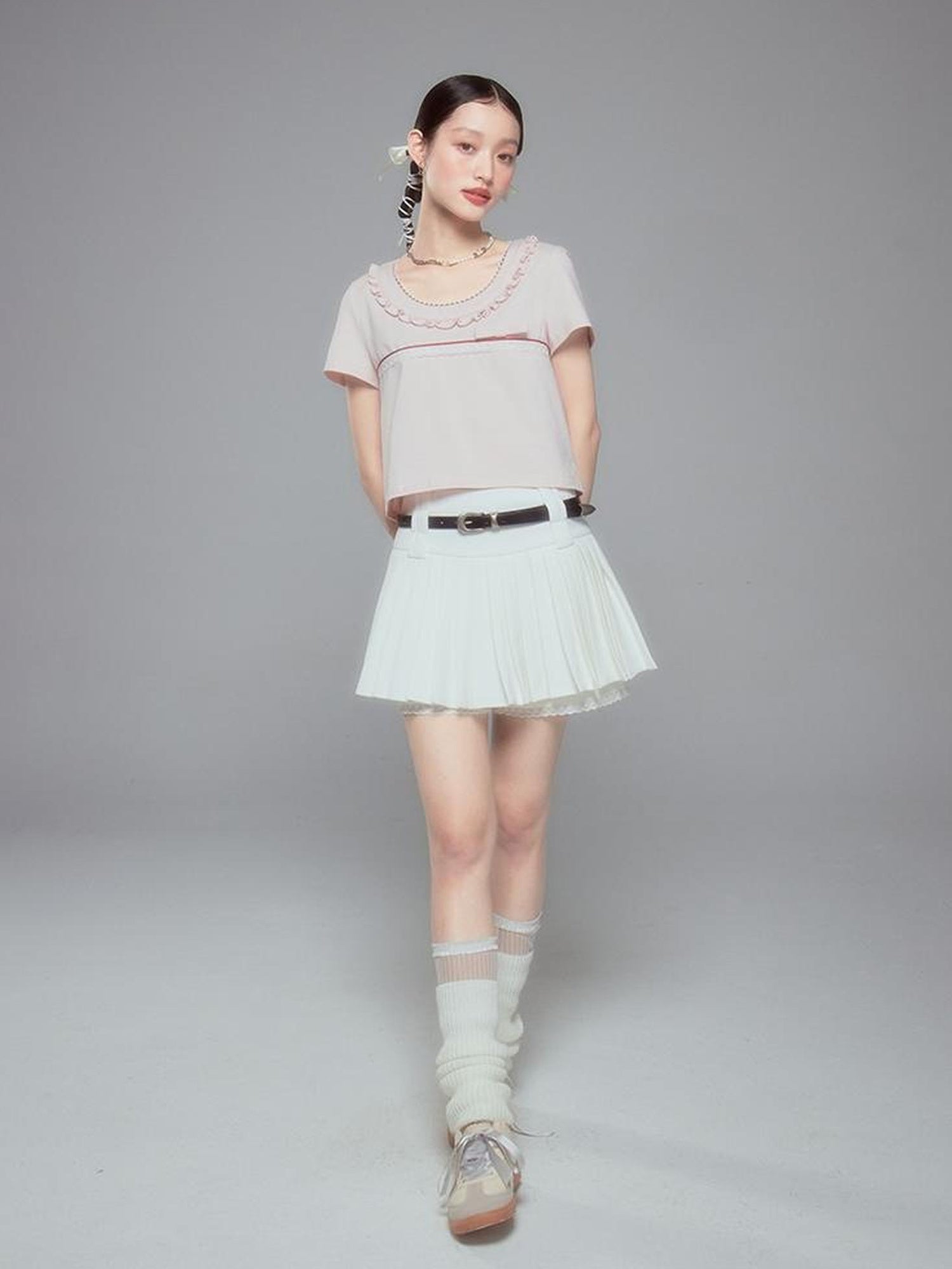 DIDDI MODA Colorblock Lace Collar Knit Crop Tee