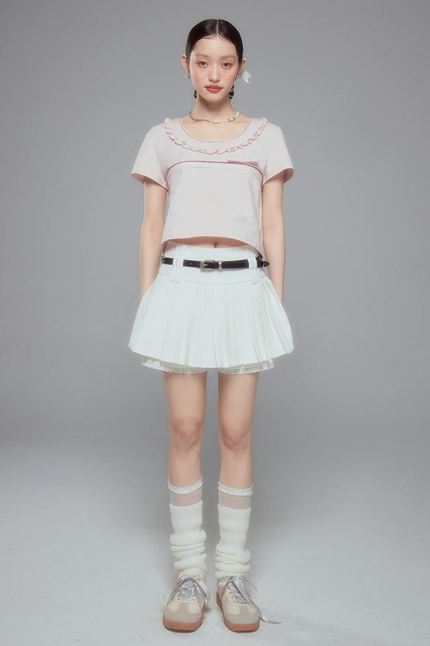 DIDDI MODA Colorblock Lace Collar Knit Crop Tee