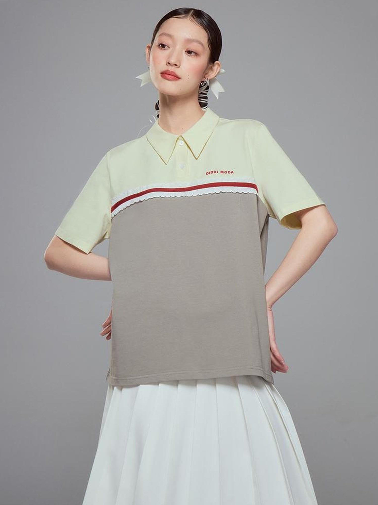 DIDDI MODA Colorblock Ribbed Polo Tee With Letter Print