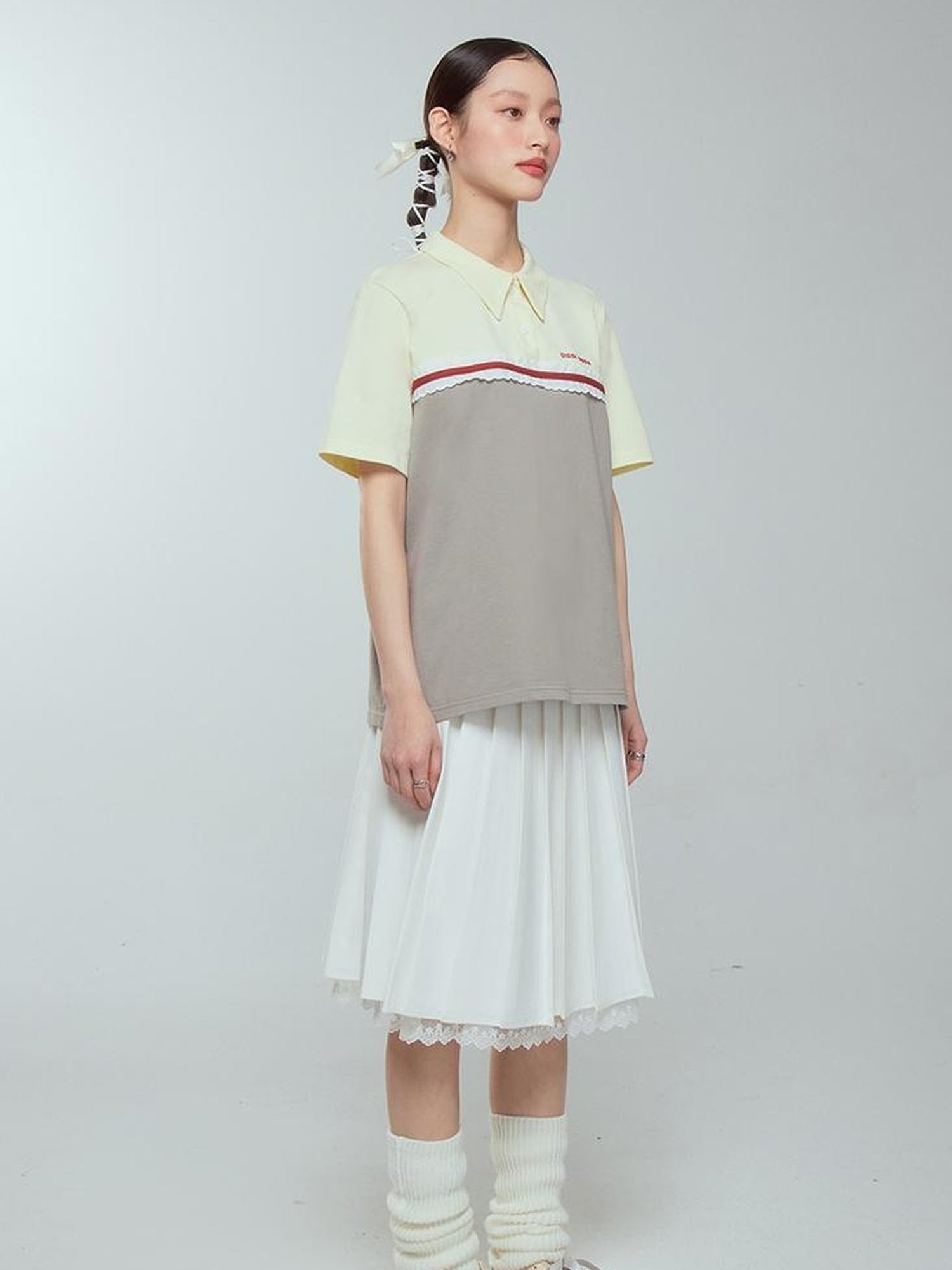 DIDDI MODA Colorblock Ribbed Polo Tee With Letter Print