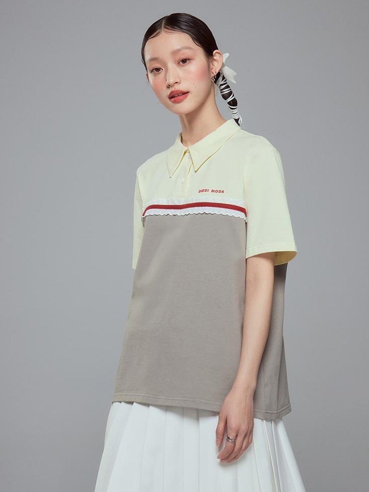 DIDDI MODA Colorblock Ribbed Polo Tee With Letter Print