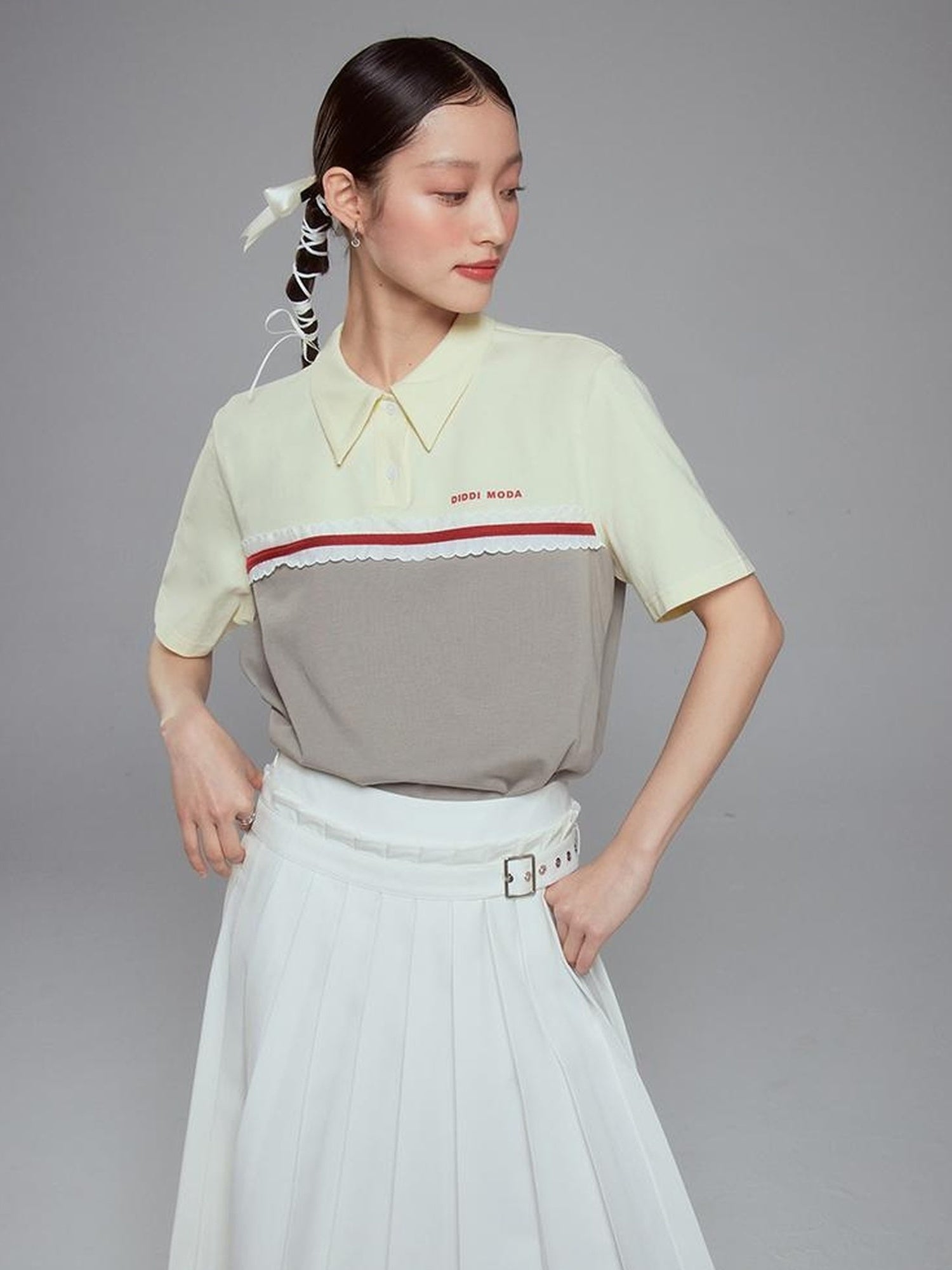 DIDDI MODA Colorblock Ribbed Polo Tee With Letter Print