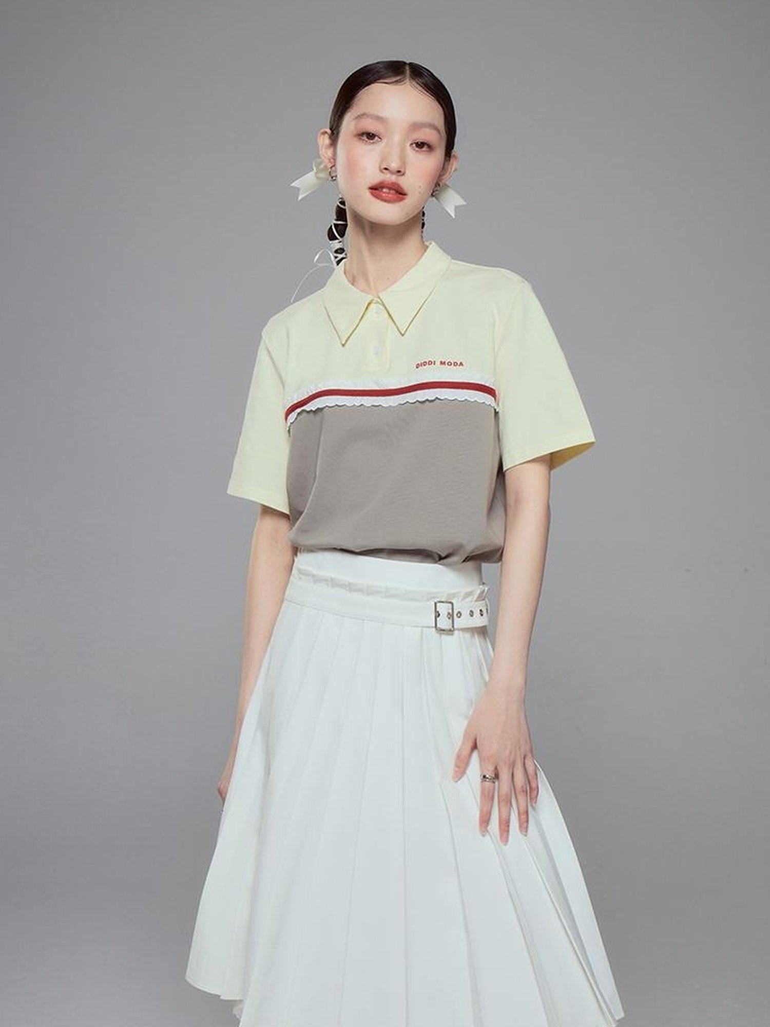 DIDDI MODA Colorblock Ribbed Polo Tee With Letter Print