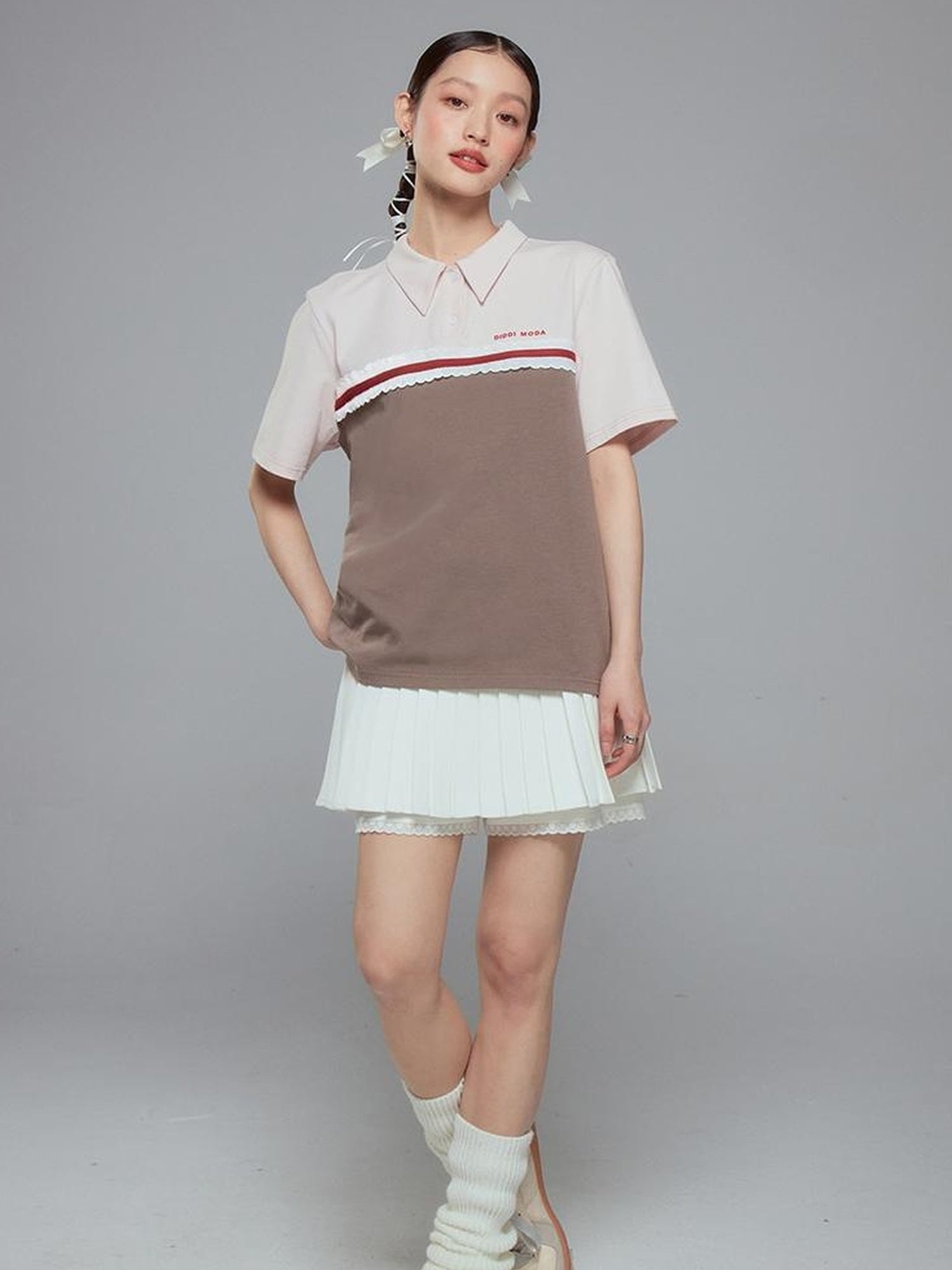 DIDDI MODA Colorblock Ribbed Polo Tee With Letter Print