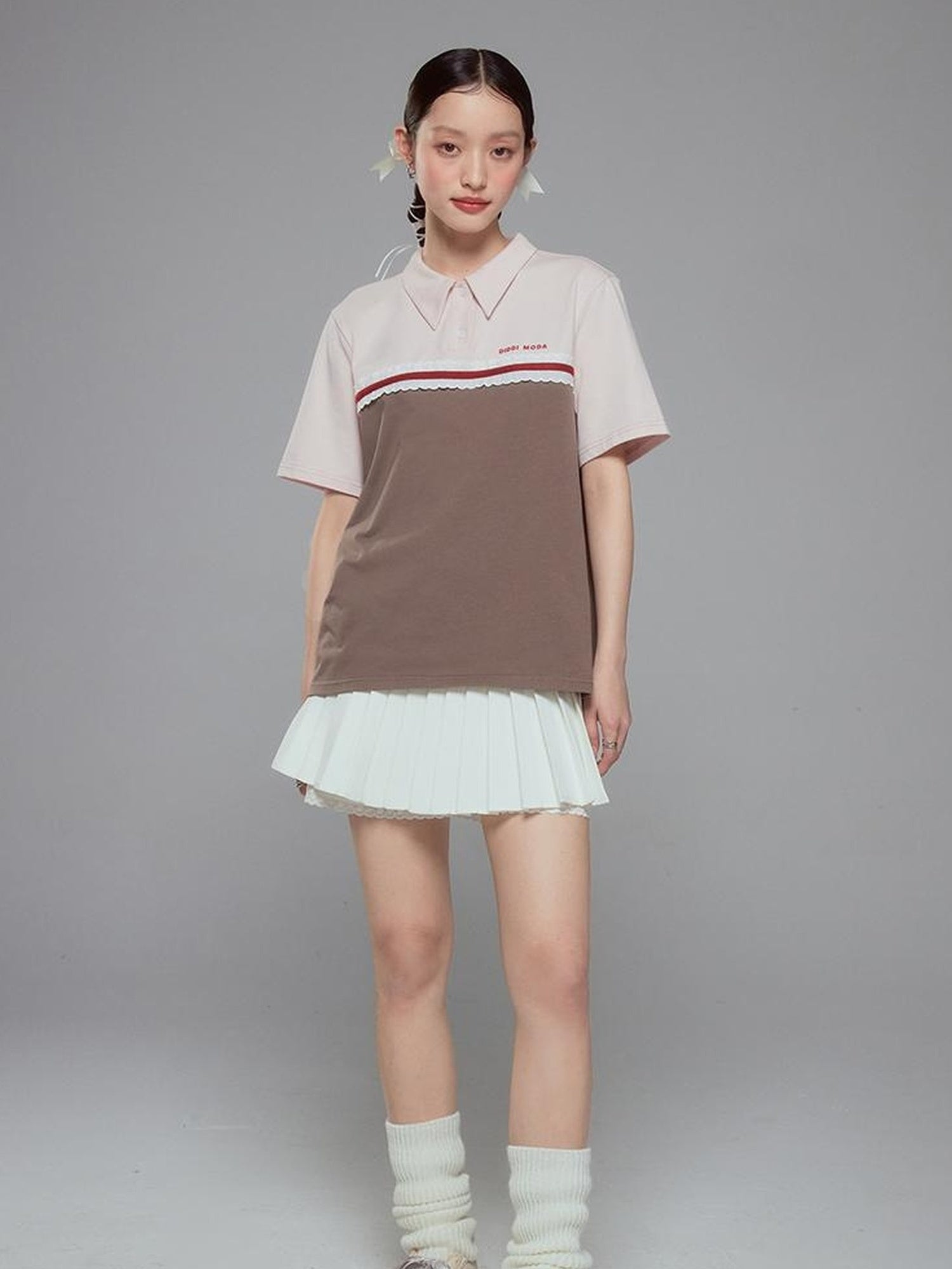 DIDDI MODA Colorblock Ribbed Polo Tee With Letter Print