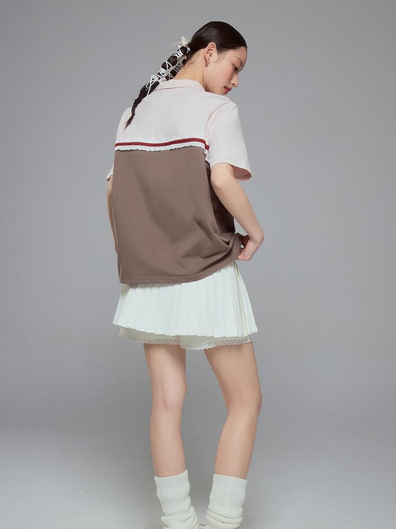 DIDDI MODA Colorblock Ribbed Polo Tee With Letter Print
