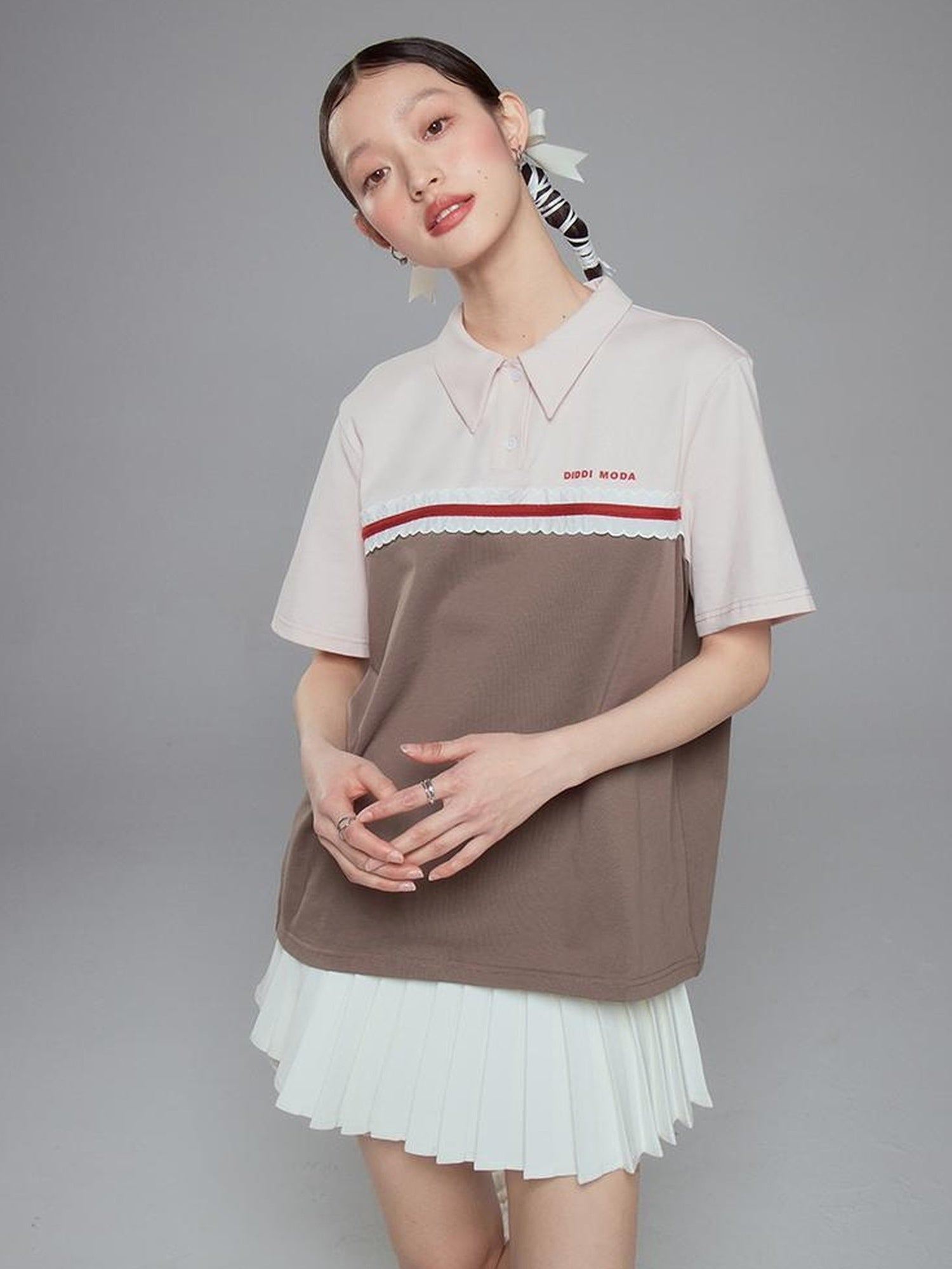 DIDDI MODA Colorblock Ribbed Polo Tee With Letter Print
