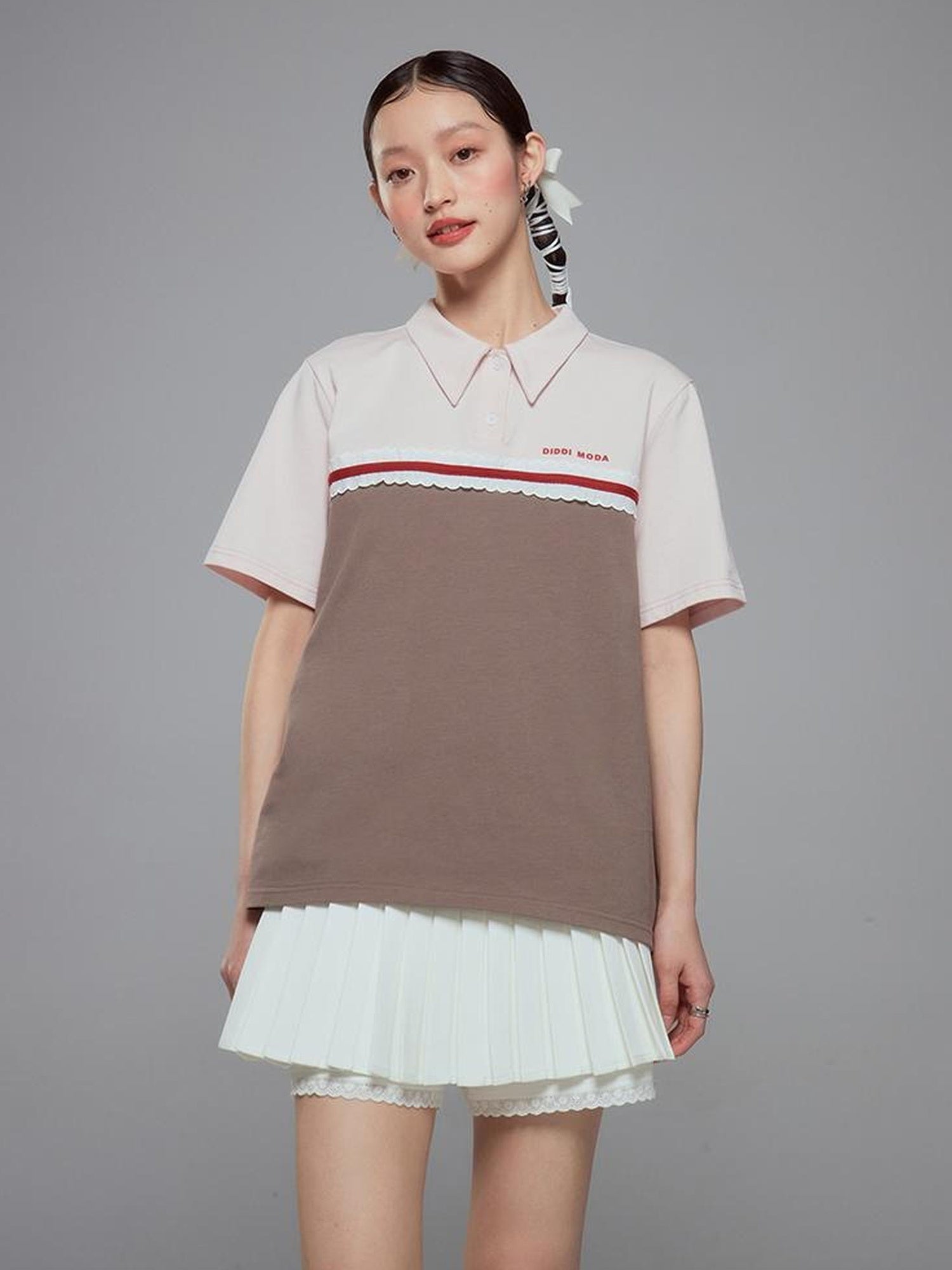 DIDDI MODA Colorblock Ribbed Polo Tee With Letter Print