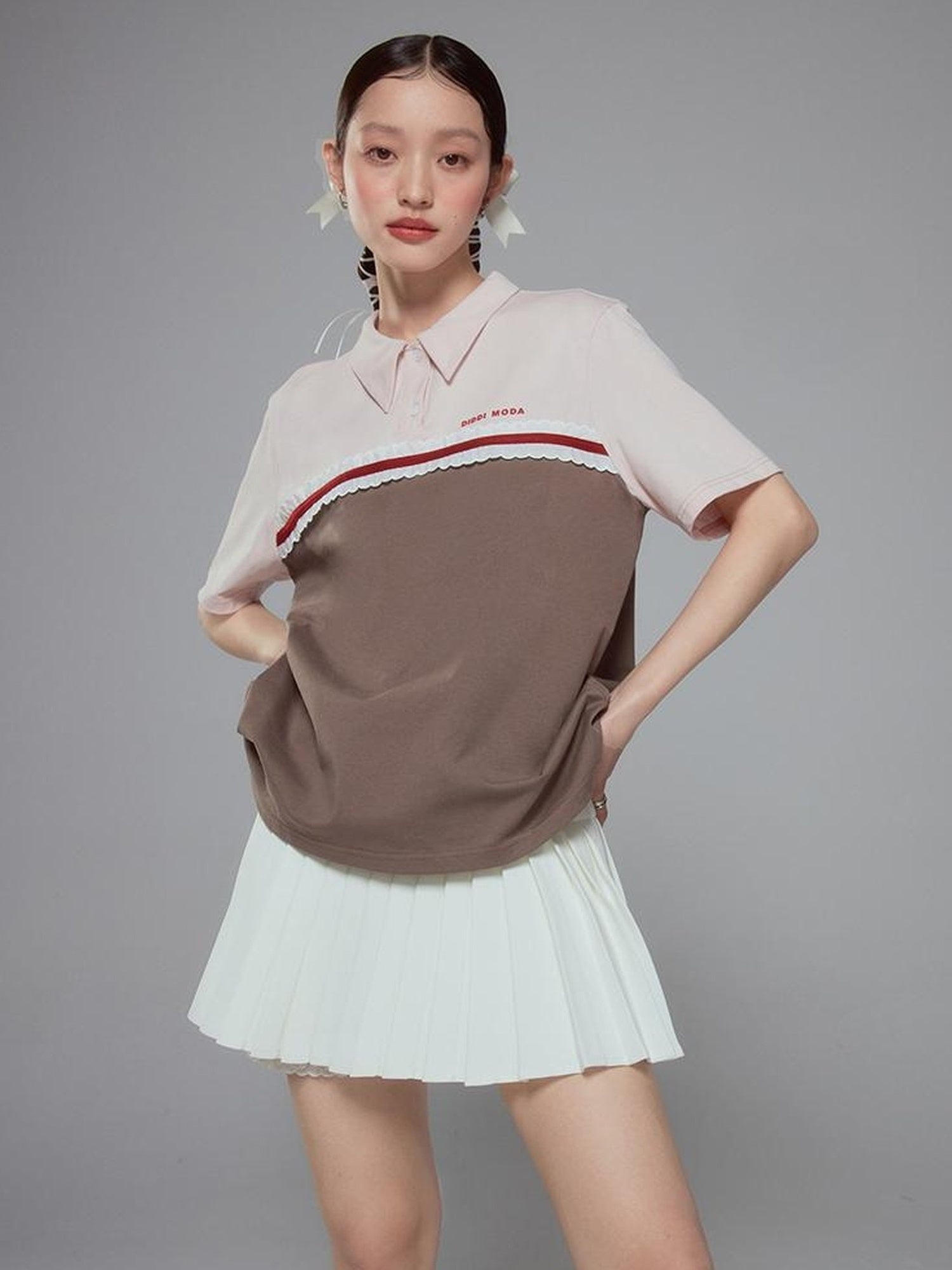 DIDDI MODA Colorblock Ribbed Polo Tee With Letter Print