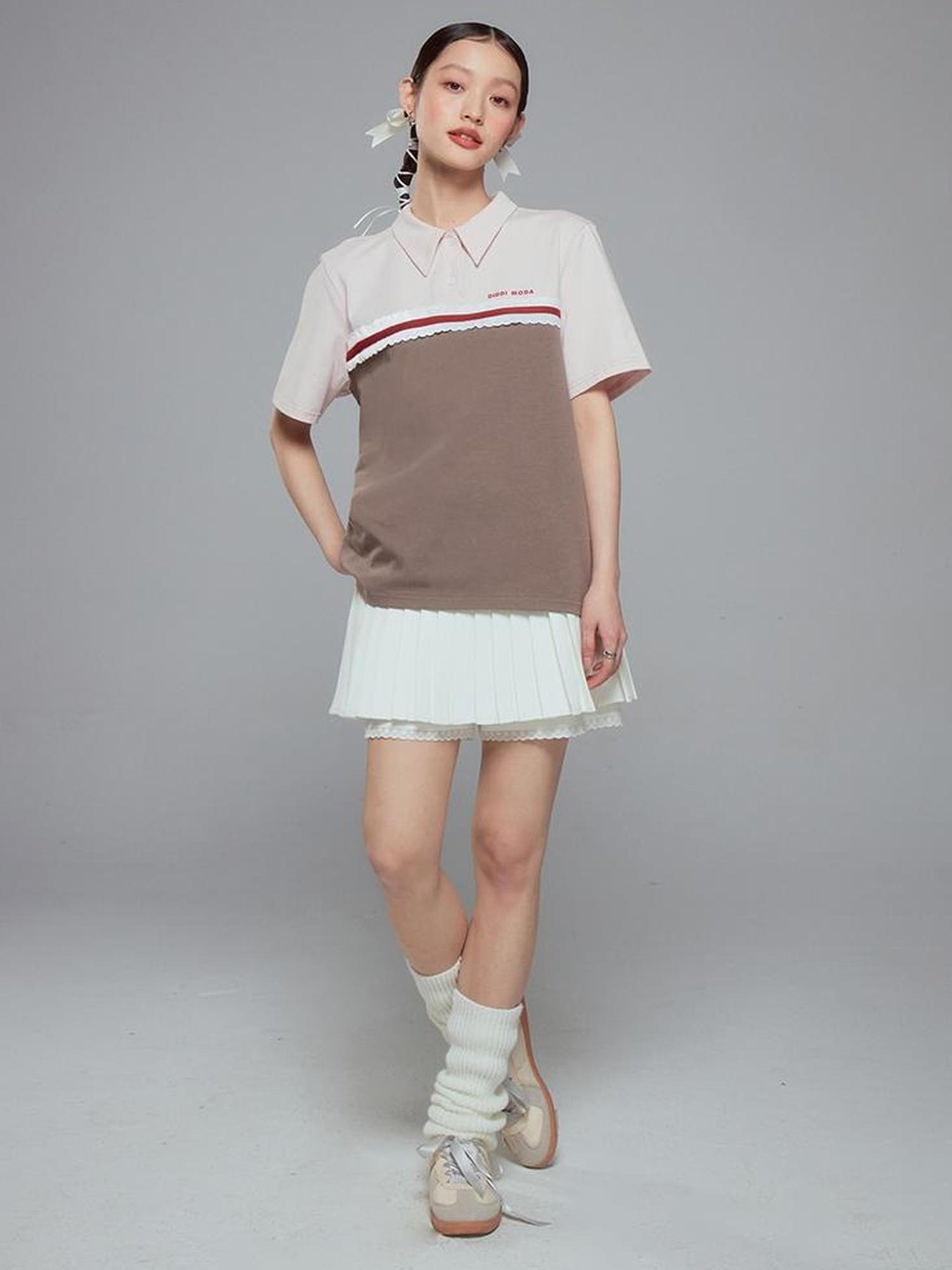 DIDDI MODA Colorblock Ribbed Polo Tee With Letter Print