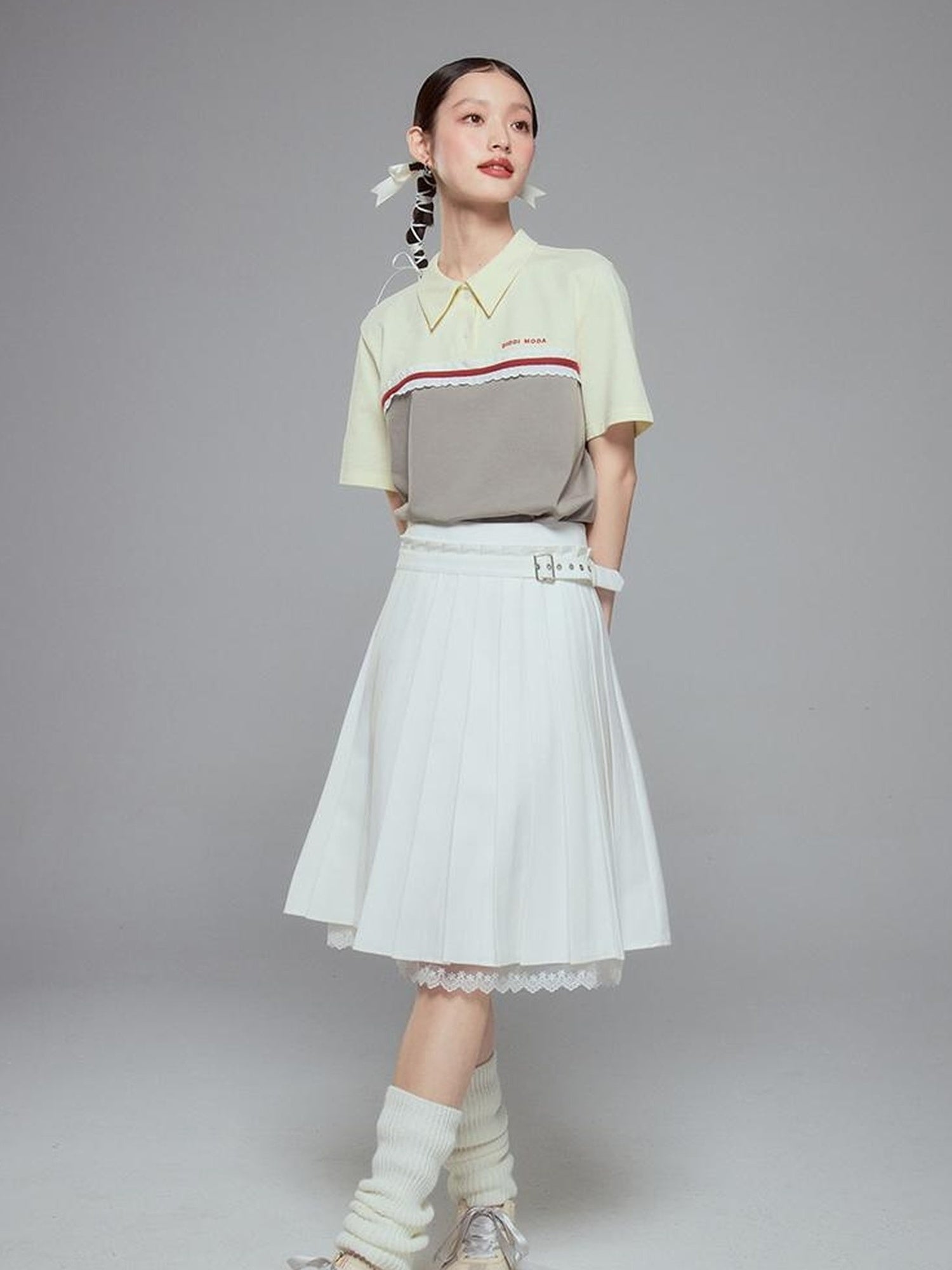DIDDI MODA Colorblock Ribbed Polo Tee With Letter Print