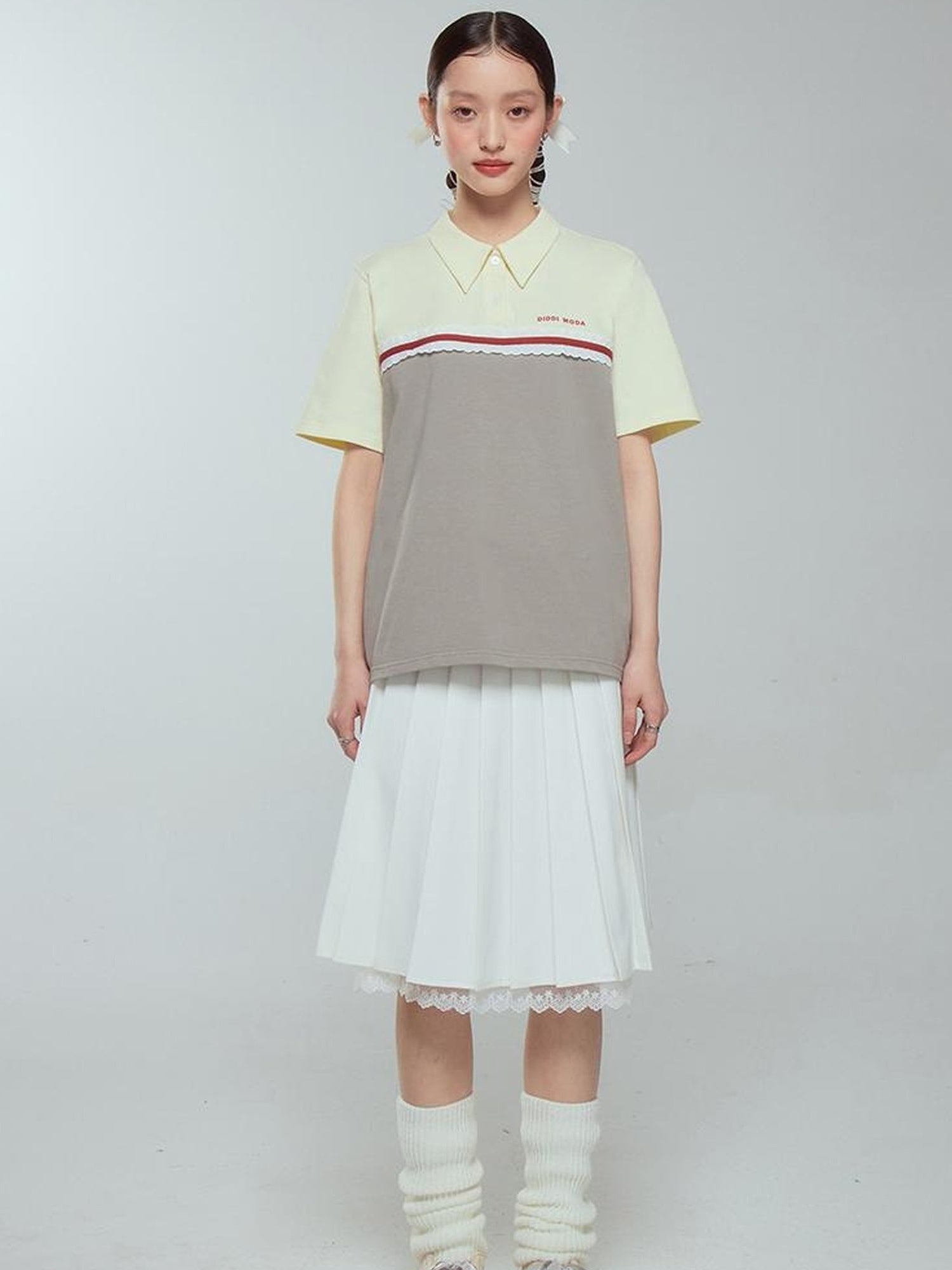 DIDDI MODA Colorblock Ribbed Polo Tee With Letter Print