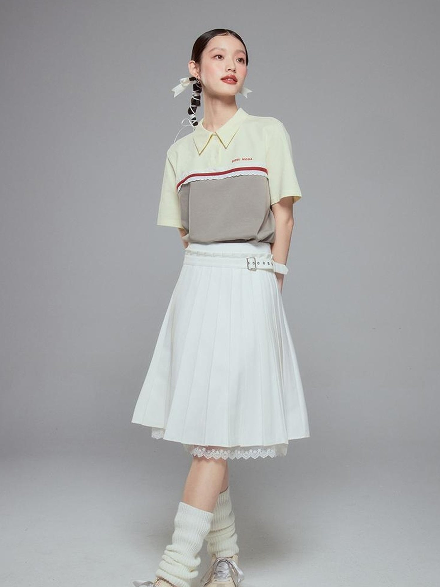 DIDDI MODA Colorblock Ribbed Polo Tee With Letter Print