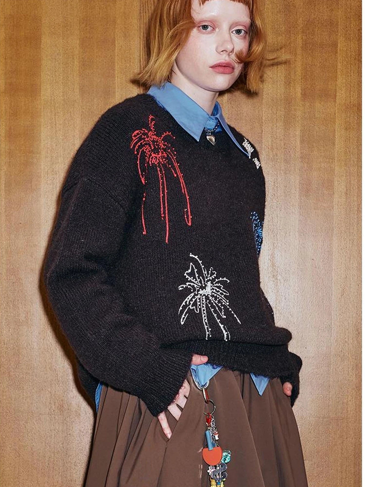Colorful Beaded Firework Embroidered Oversized Knit Sweater