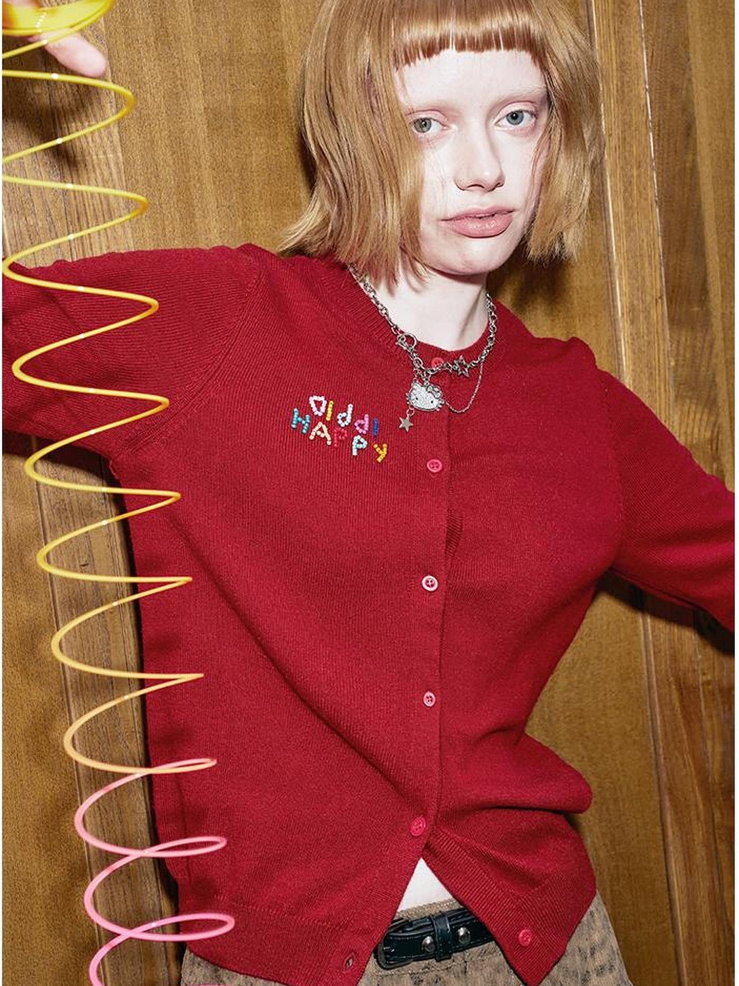 DIDDI MODA Colorful Beaded Letter Knit Cardigan