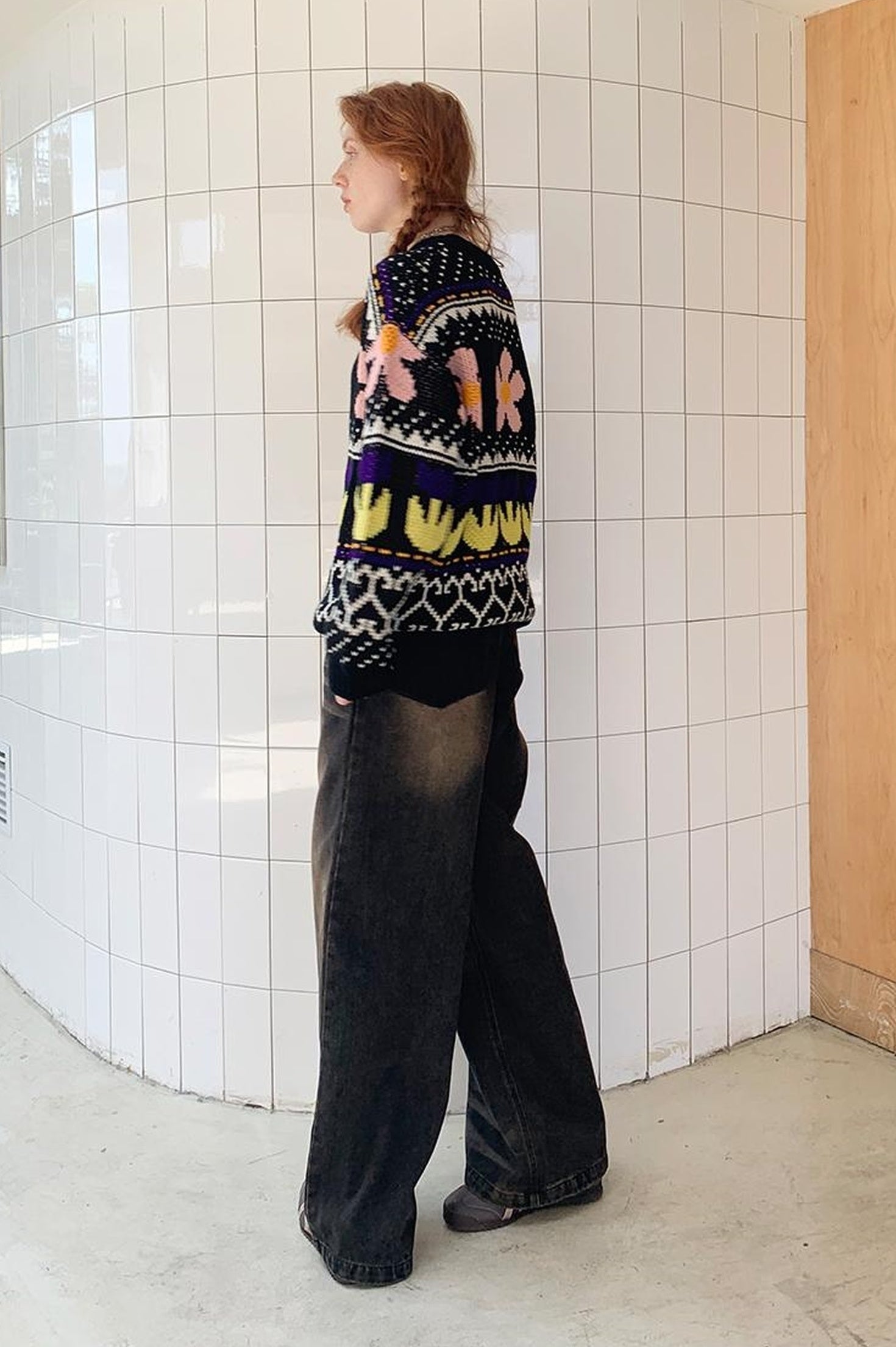 DIDDI MODA Colorful Floral Jacquard Slim Sweater