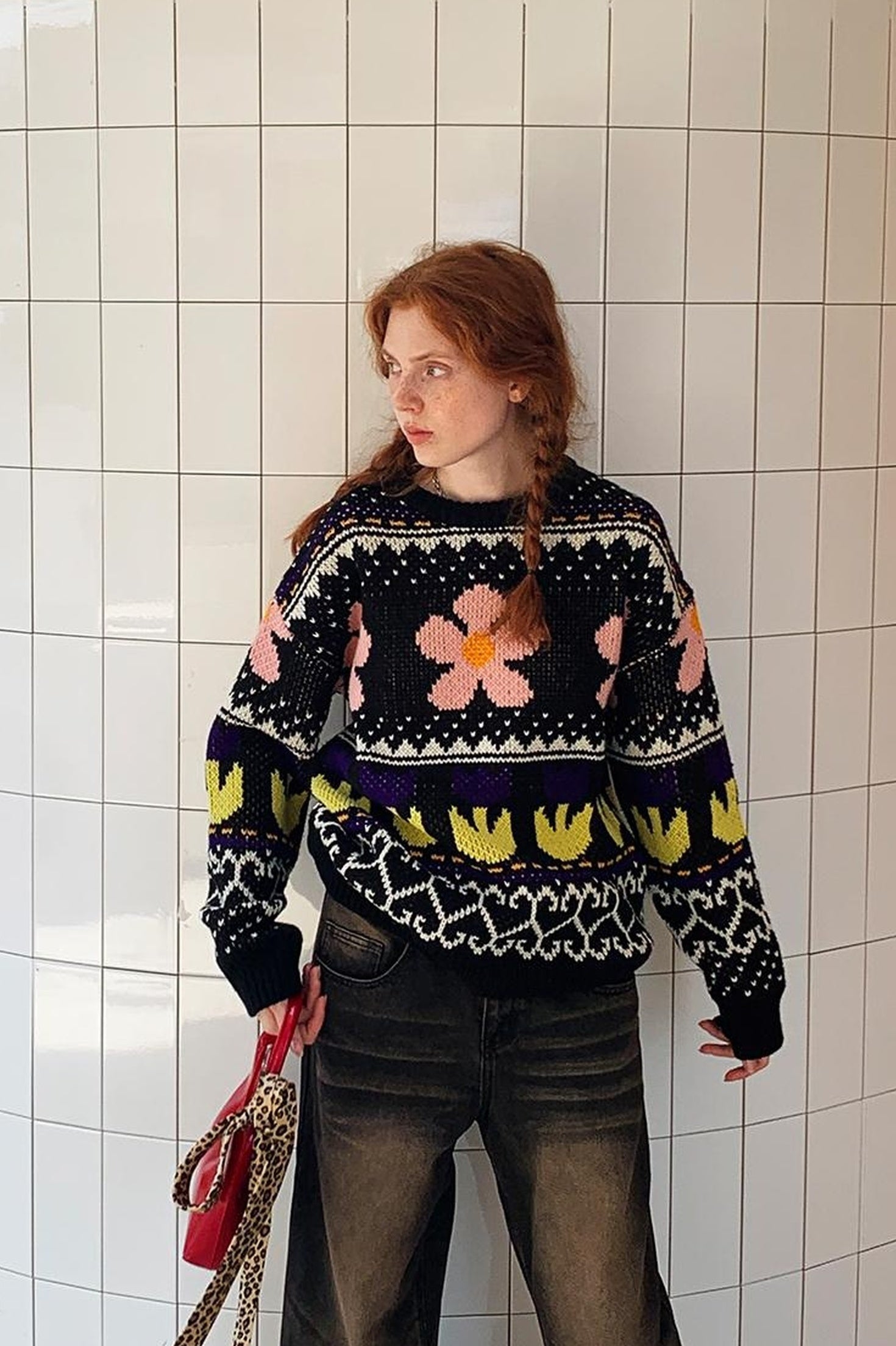DIDDI MODA Colorful Floral Jacquard Slim Sweater