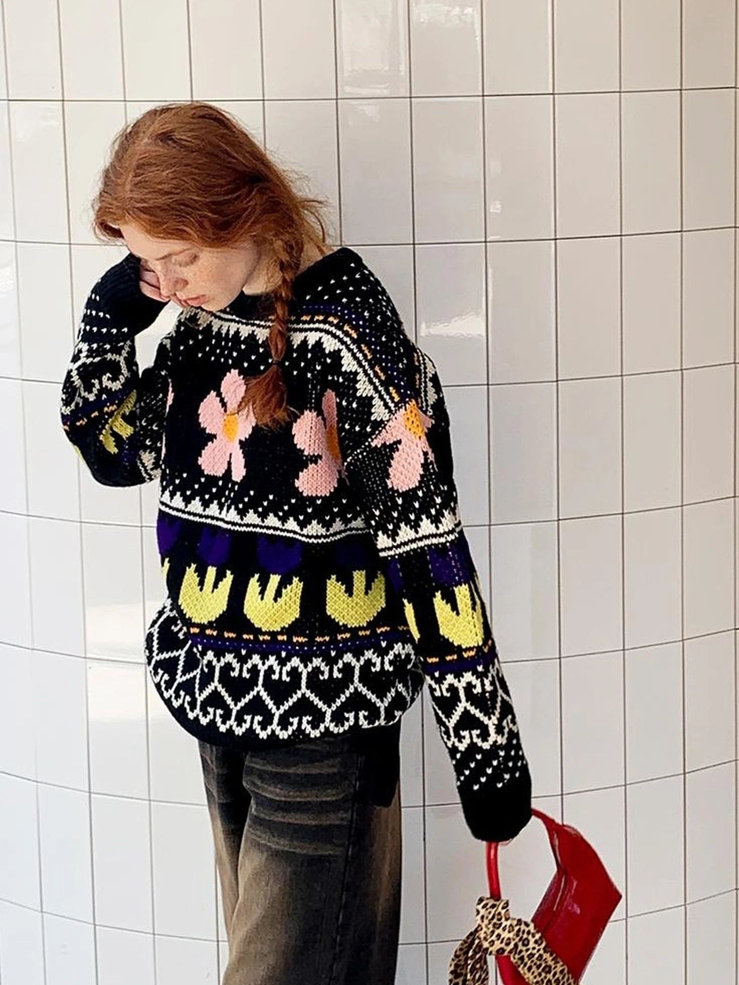 Colorful Floral Jacquard Slim Sweater