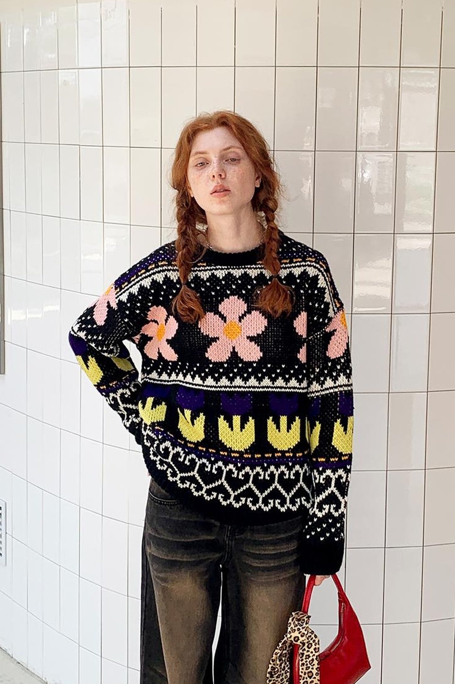 DIDDI MODA Colorful Floral Jacquard Slim Sweater