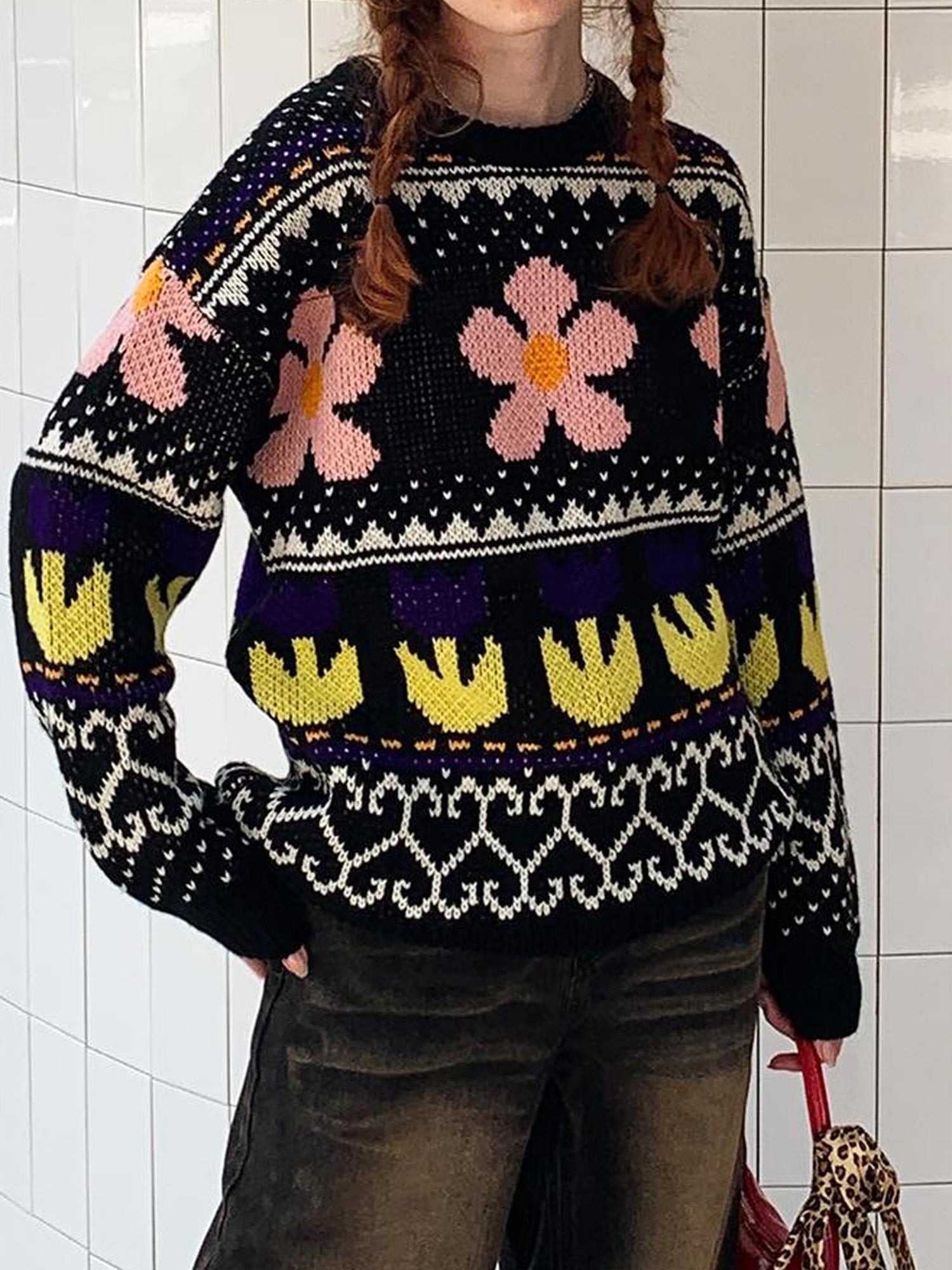 DIDDI MODA Colorful Floral Jacquard Slim Sweater