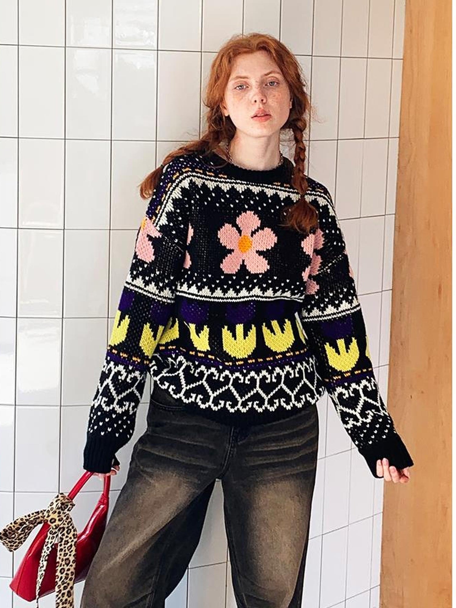 DIDDI MODA Colorful Floral Jacquard Slim Sweater