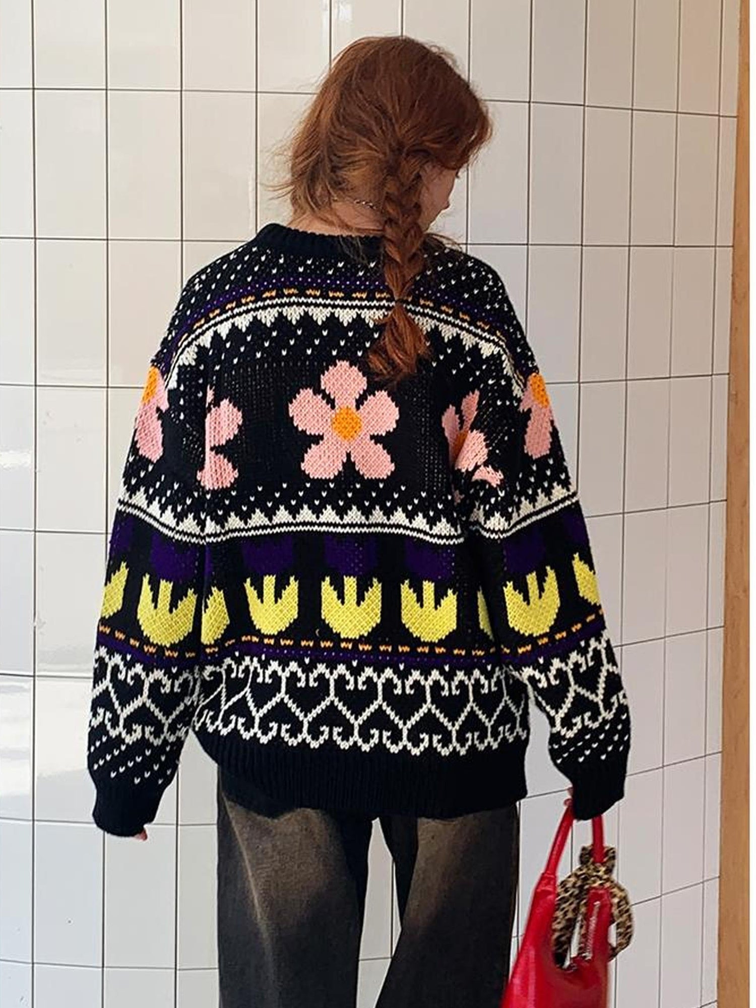DIDDI MODA Colorful Floral Jacquard Slim Sweater