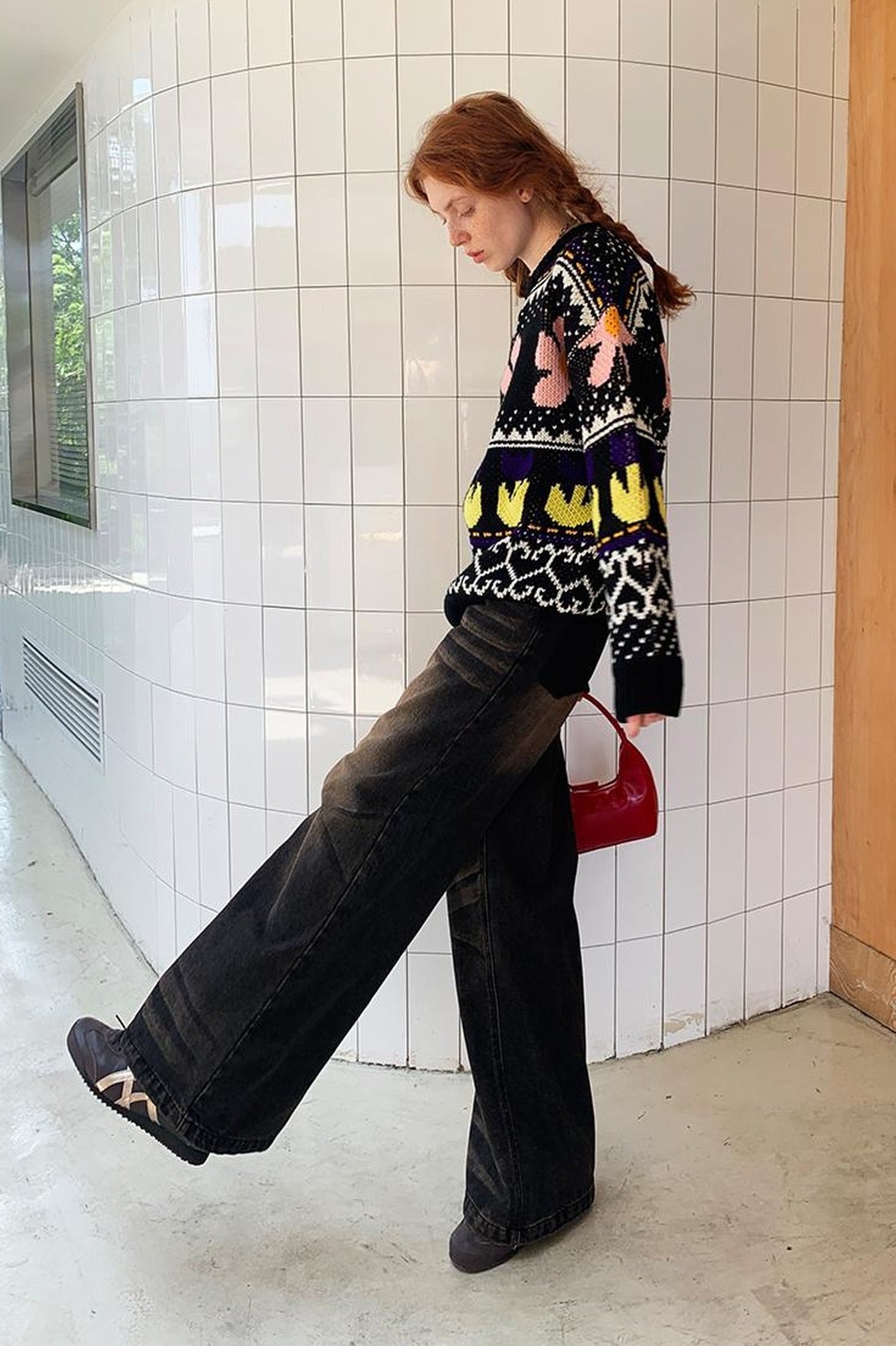 DIDDI MODA Colorful Floral Jacquard Slim Sweater