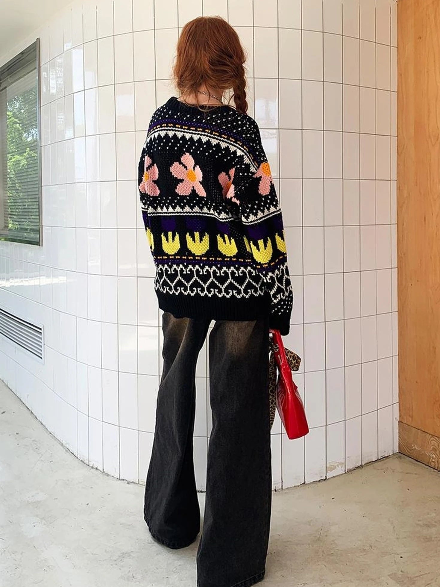 Colorful Floral Jacquard Slim Sweater