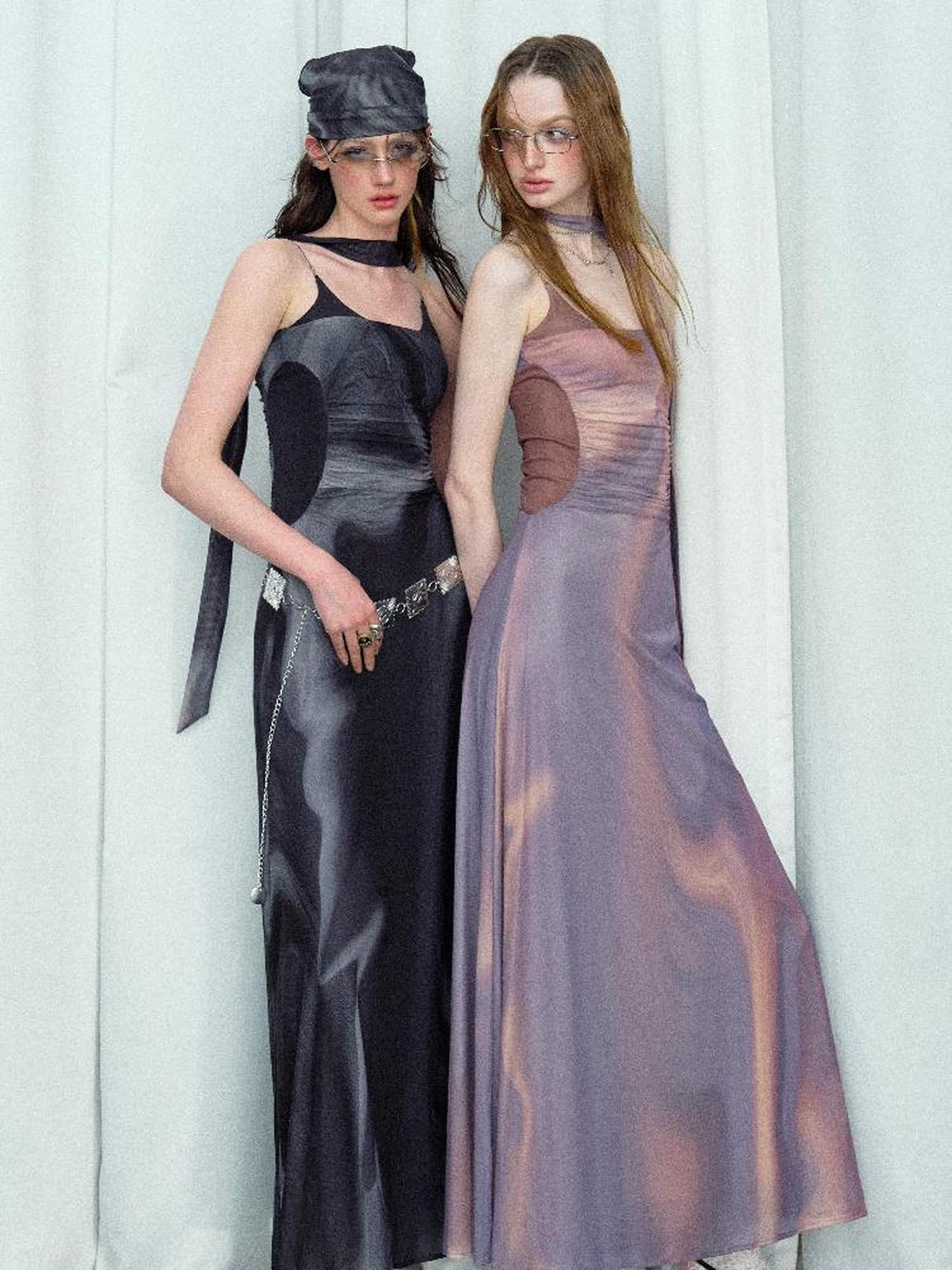 OfAkiva Colorful Off-Shoulder Strappy Island City Painting Dresses